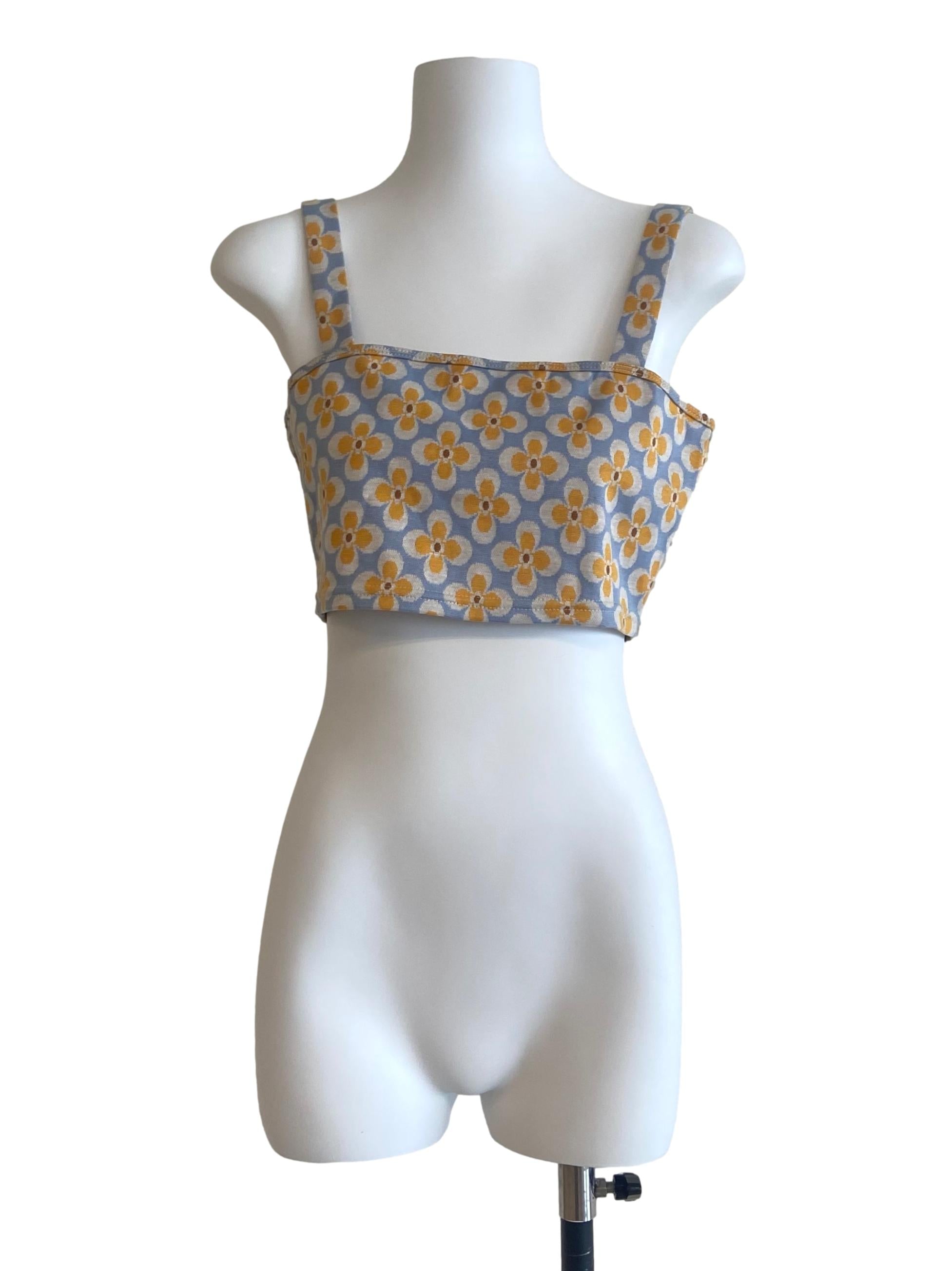 Stone Blue Yellow Floral Sleeveless Crop Top