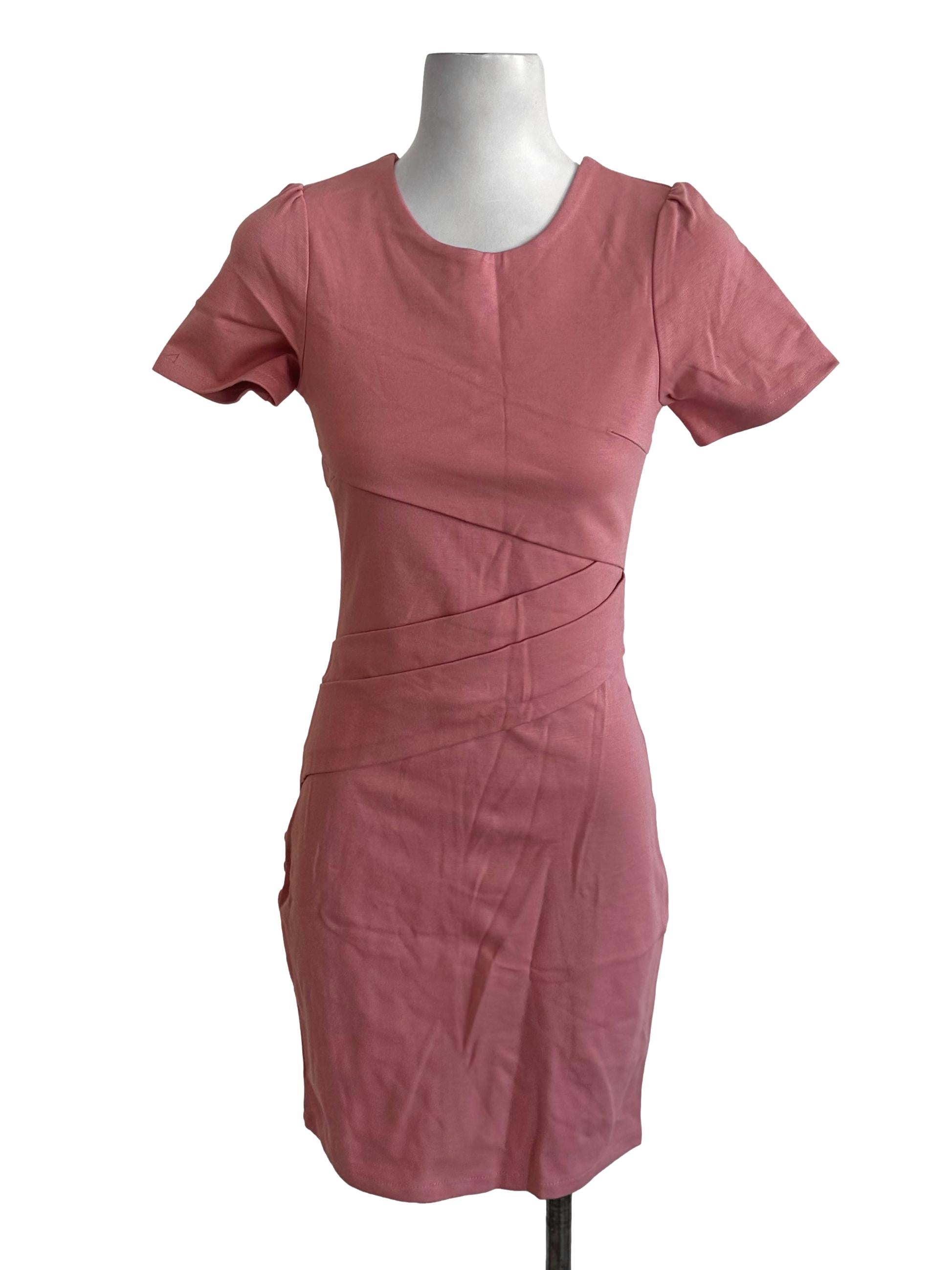 Salmon Pink Round Short Sleeve Dress
