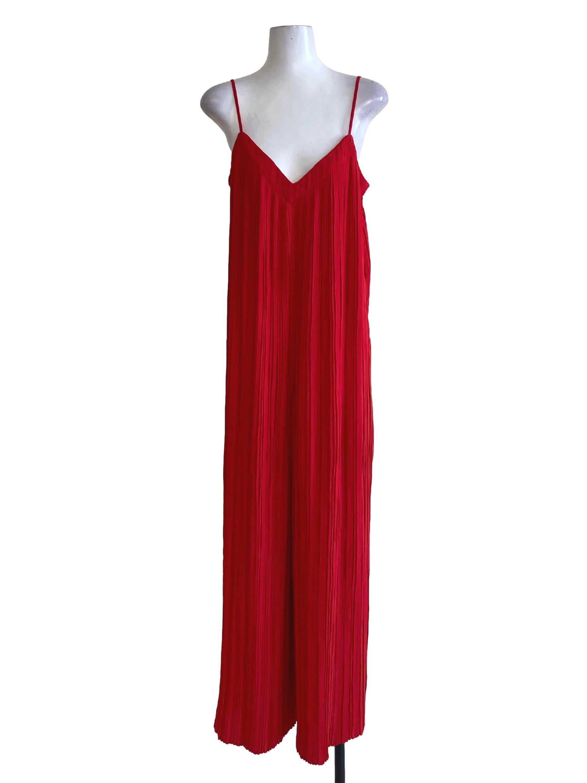 Crimson Red Pleated V-Sweetheart Neck Spaghetti Strap Jumpsuit LB