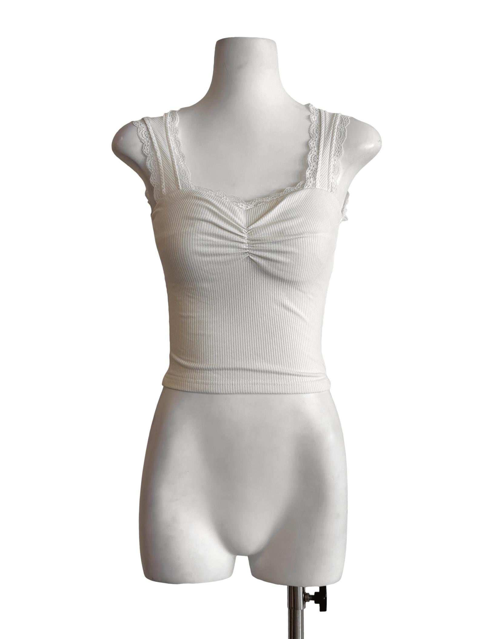 Ivory White Fitted Ribbed Lace Top