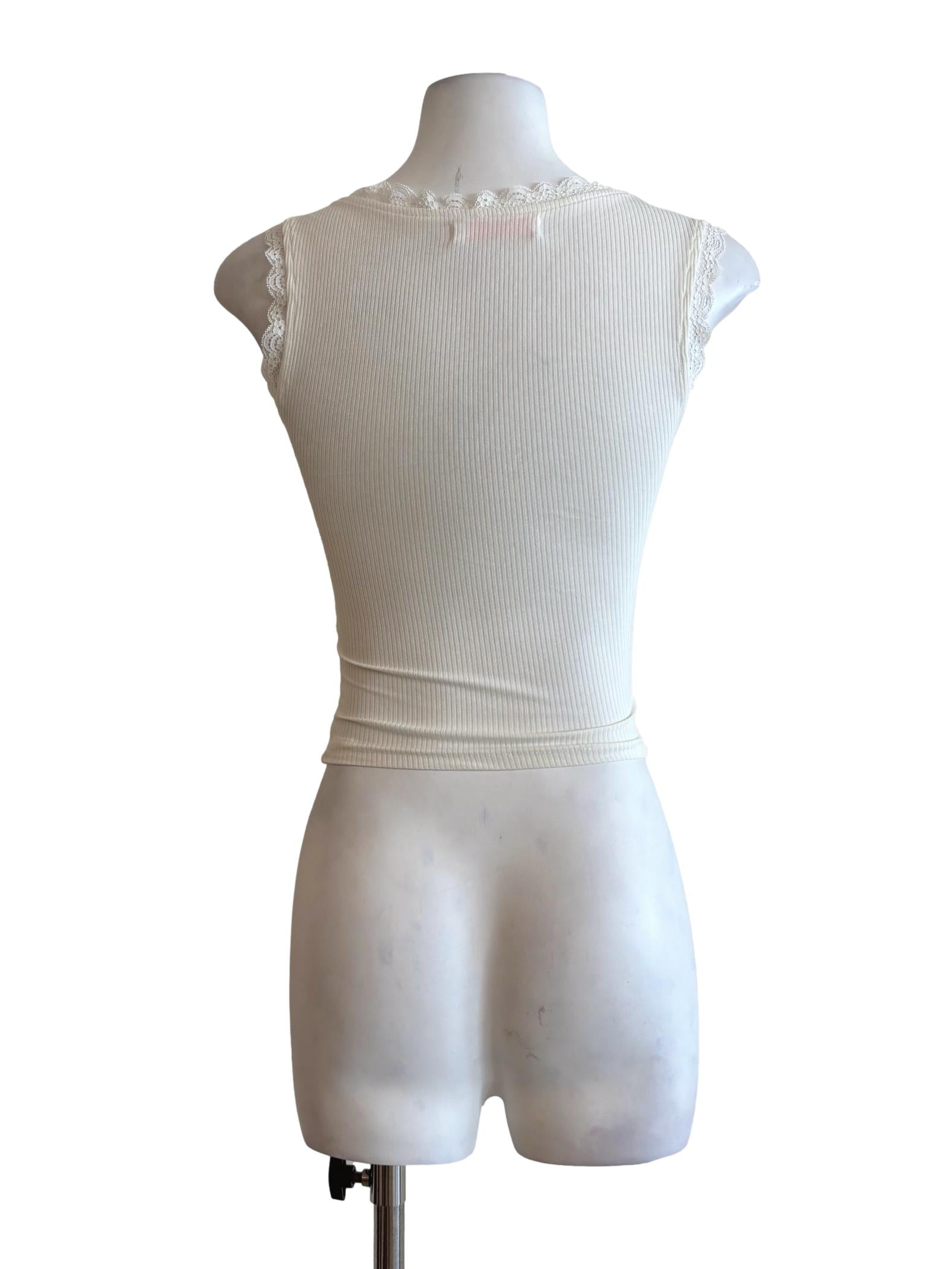 Ivory White Fitted Ribbed Lace Top