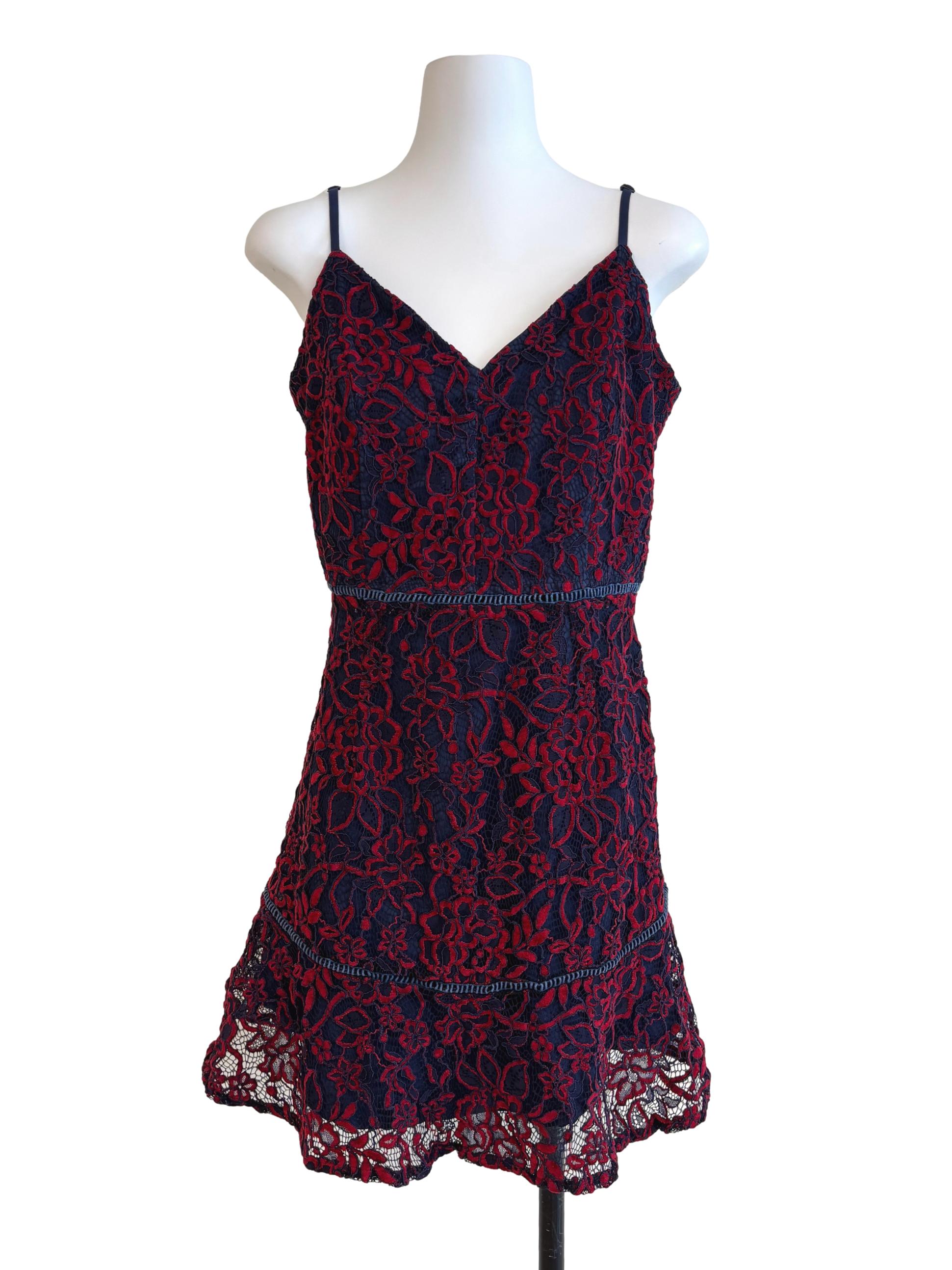 Midnight Blue And Red Mini Lace Dress