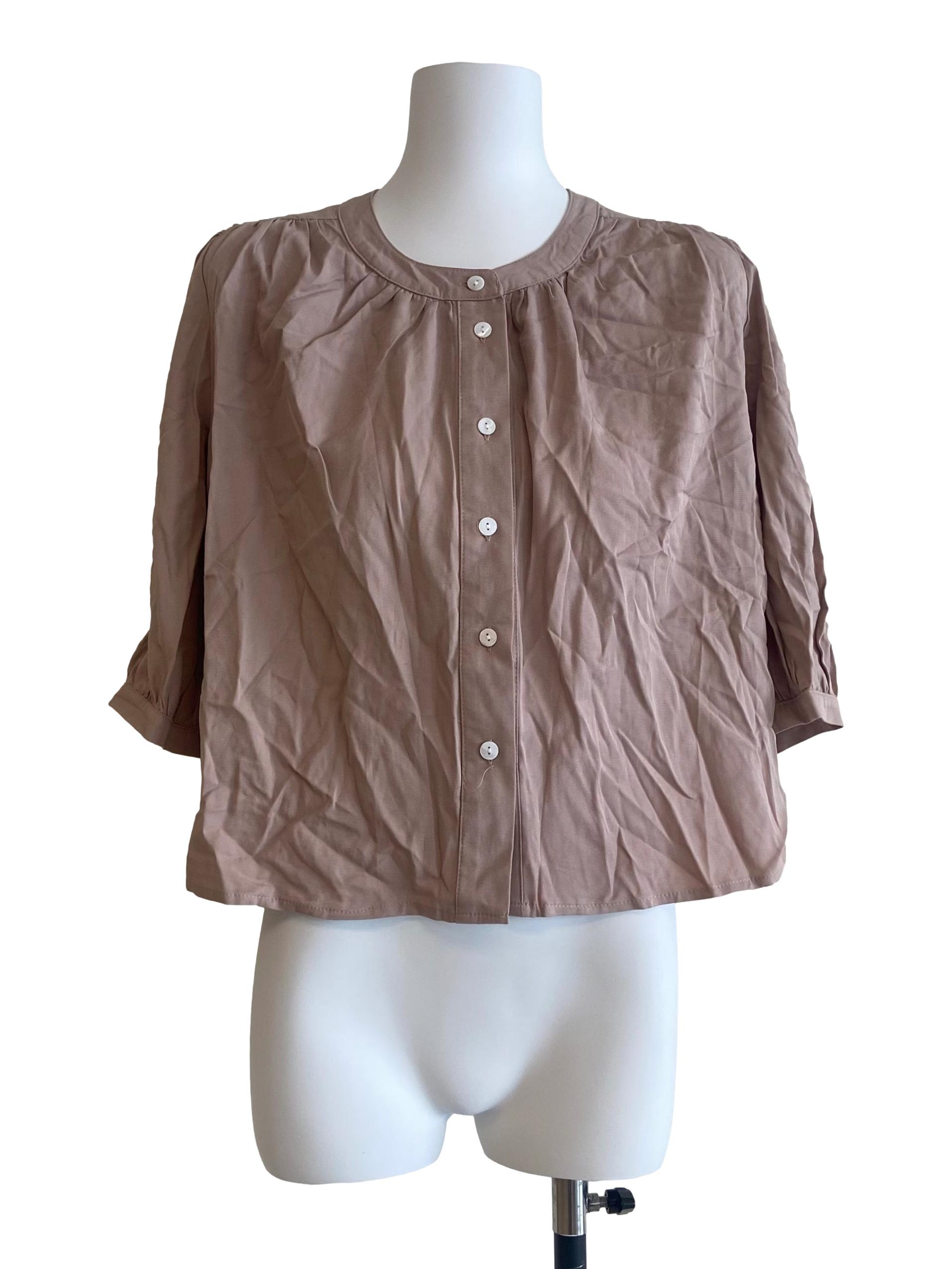 Brown Button Down Twill Sleeves Blouse