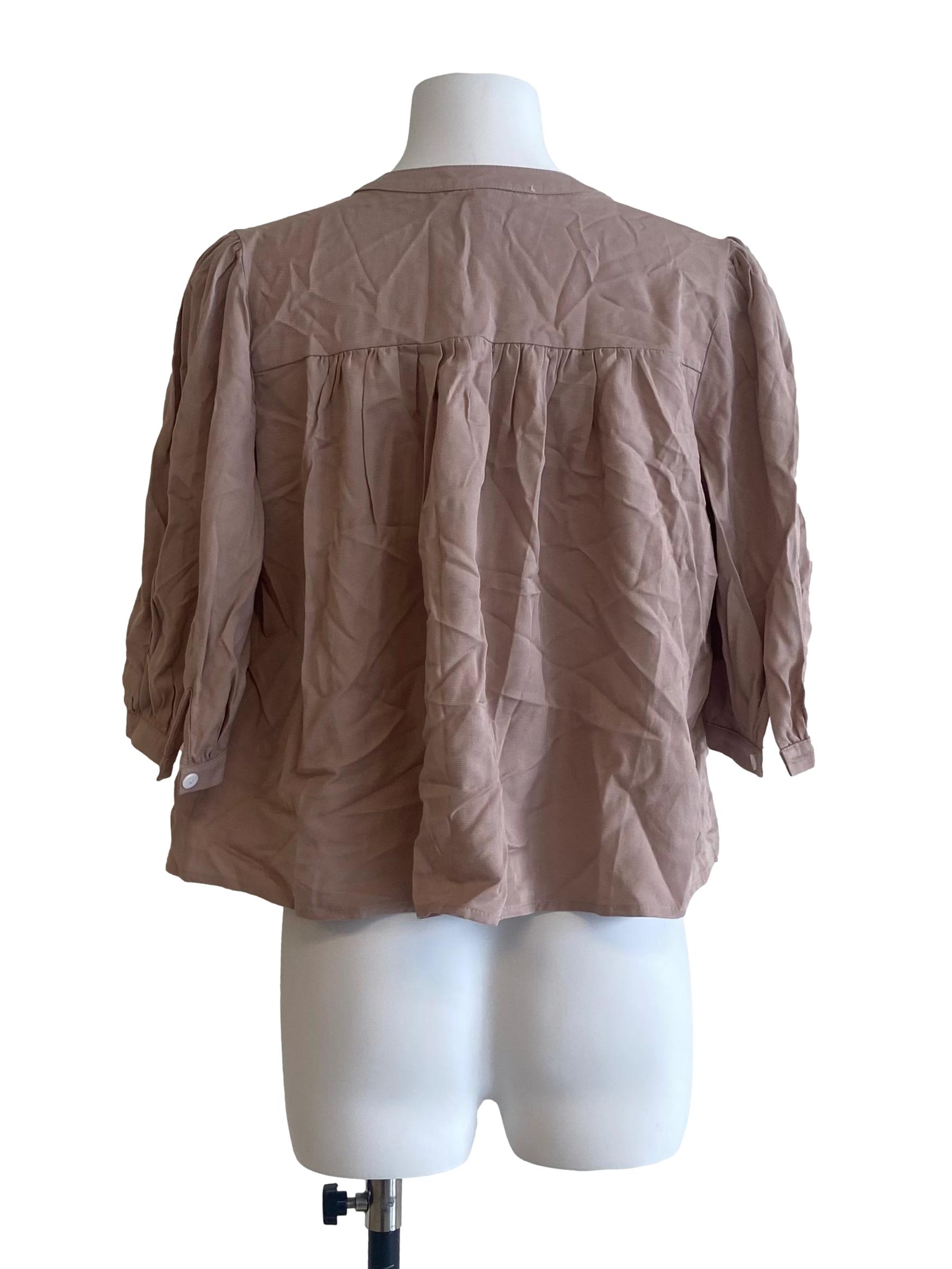 Brown Button Down Twill Sleeves Blouse