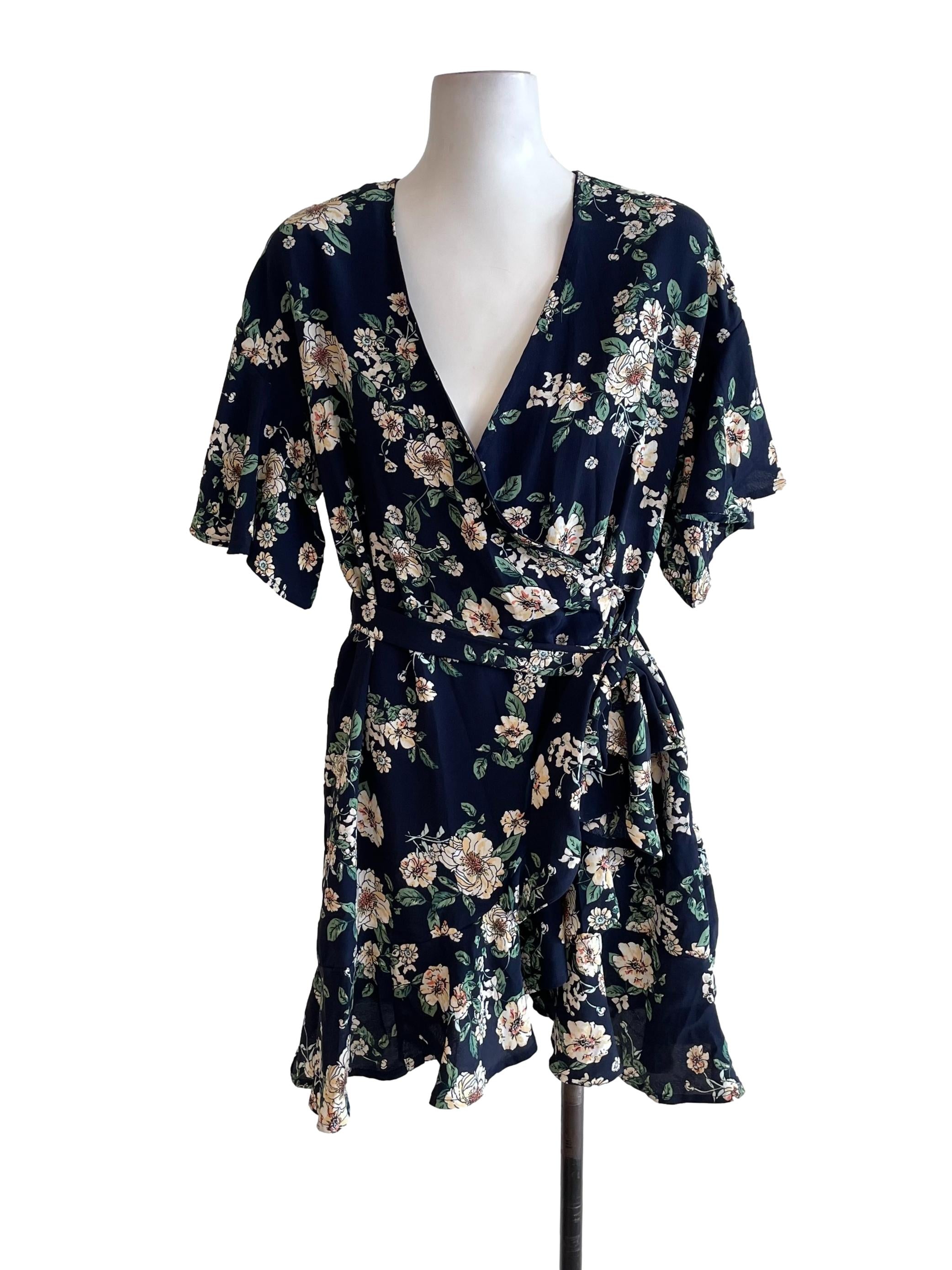 Navy Floral Ruffle Wrap Dress