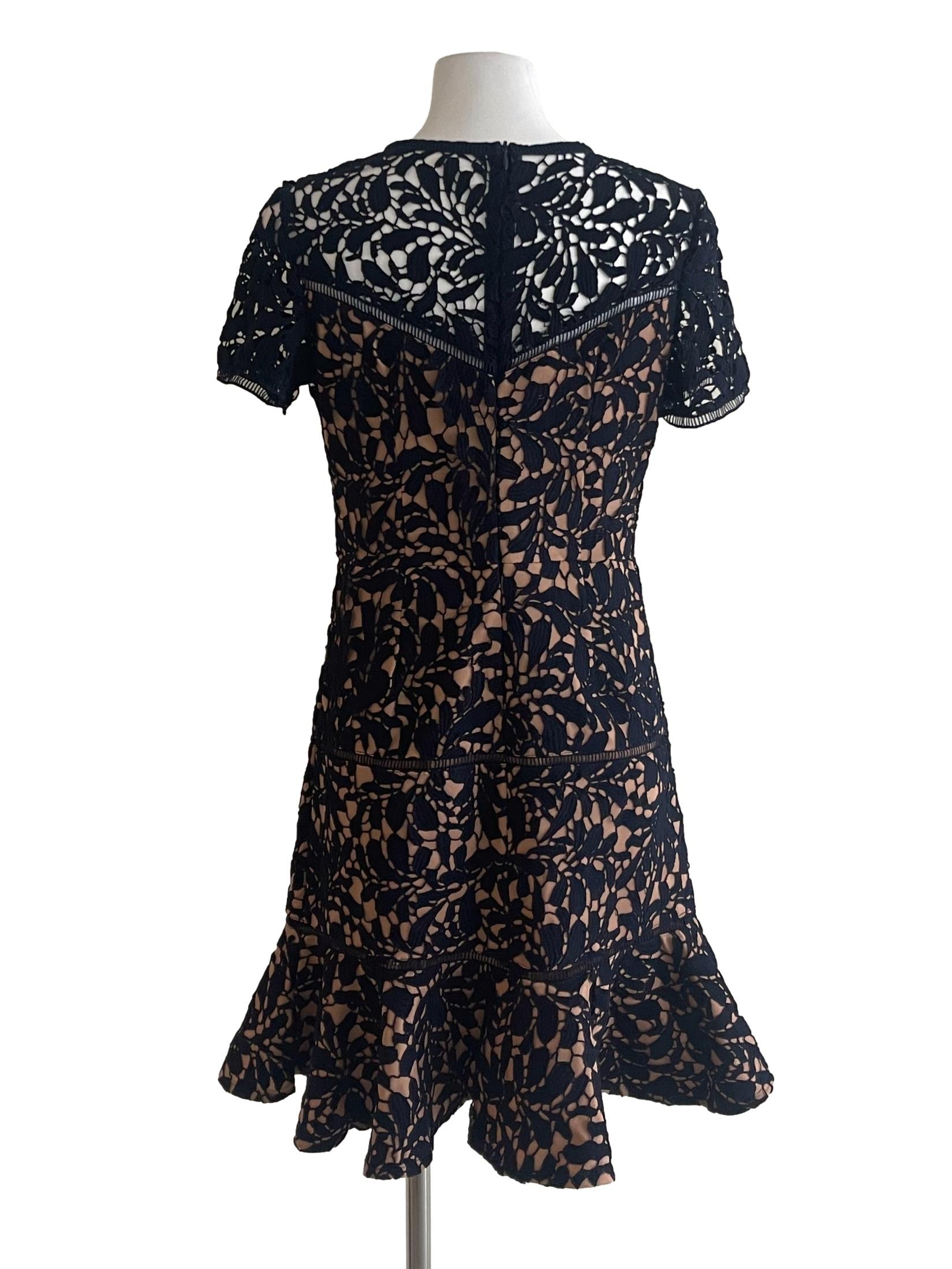 Navy Blue Lace Flounced Dress