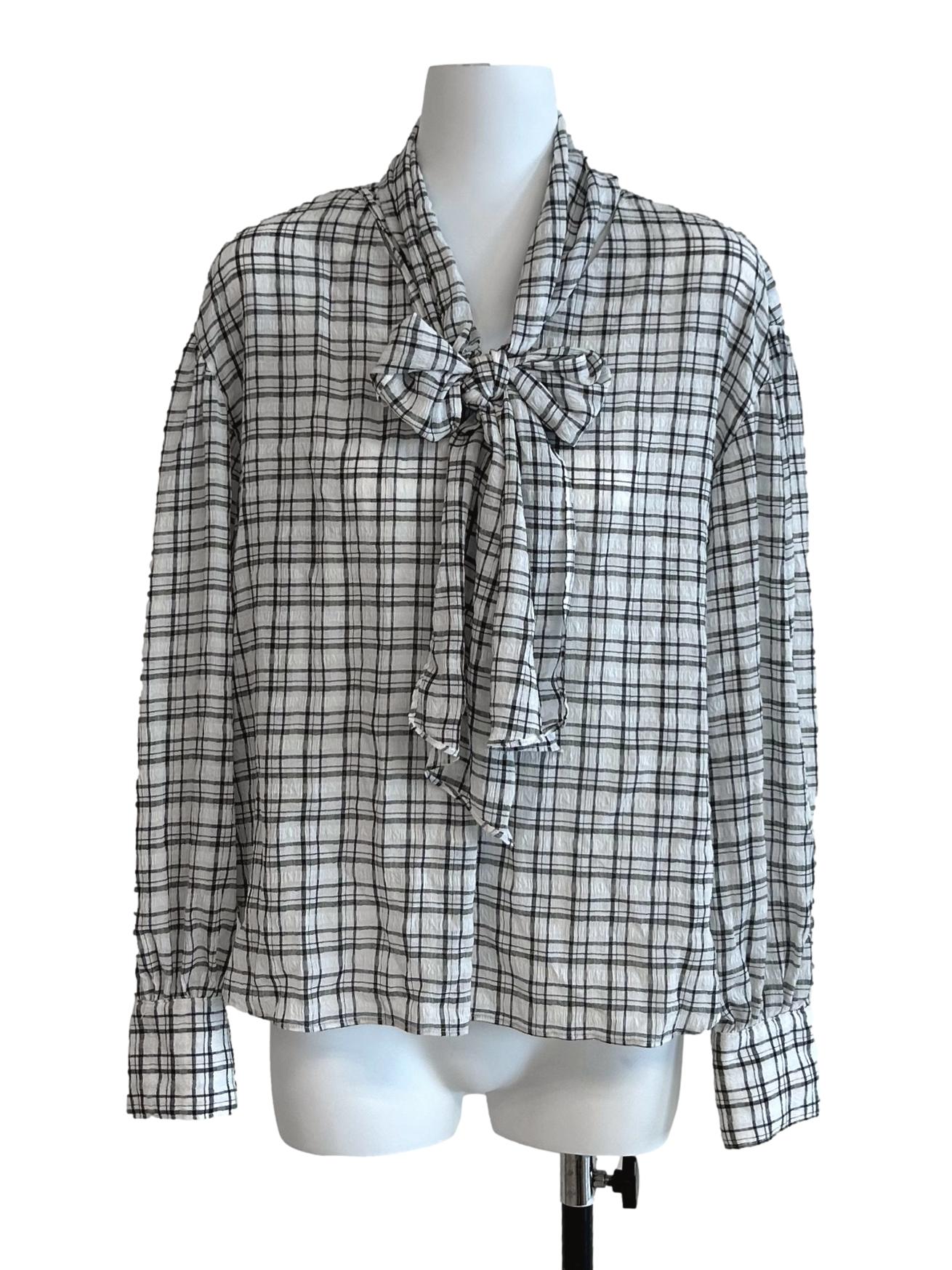 Powder White And Black Gingham Blouse