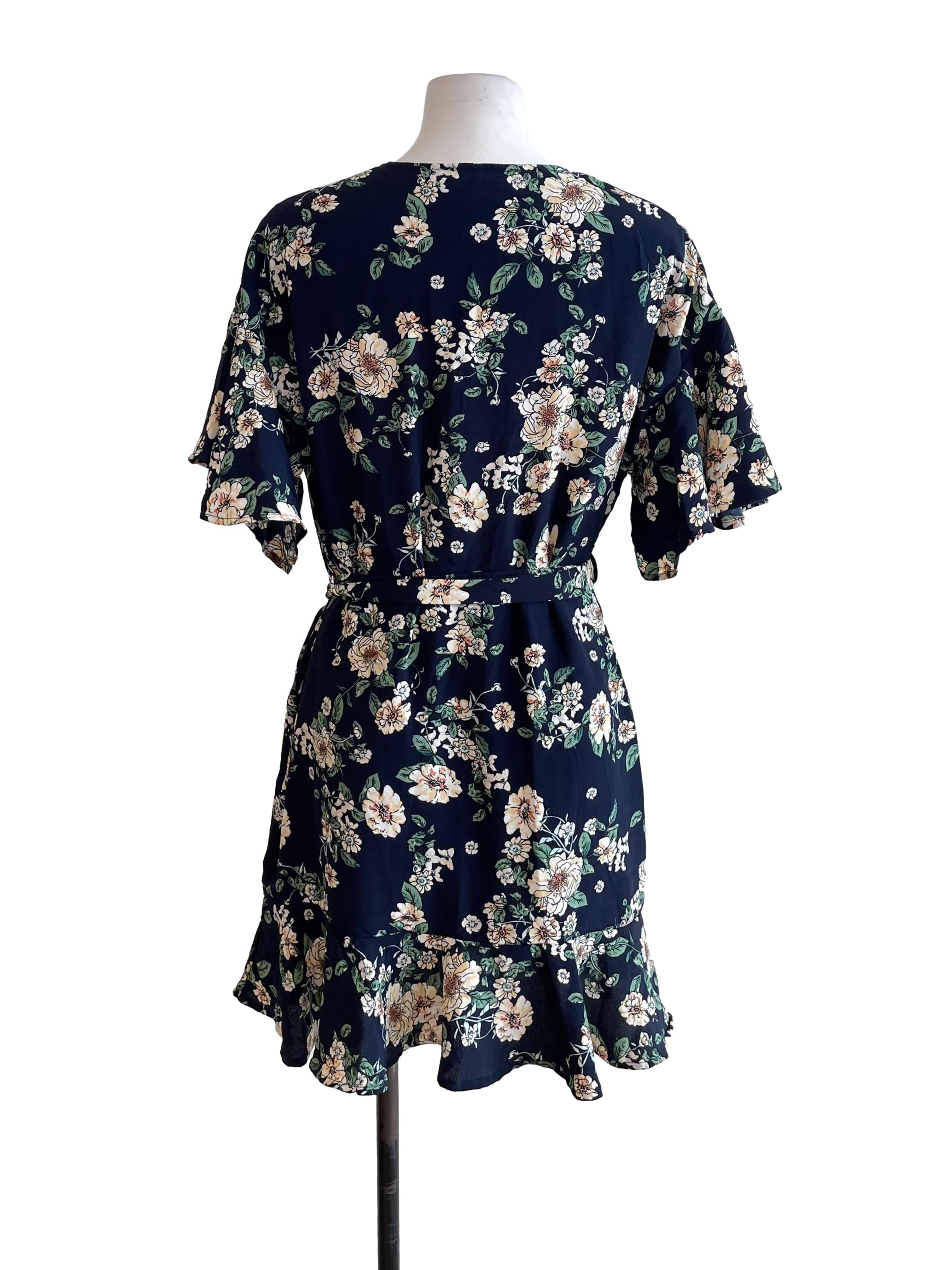 Navy Floral Ruffle Wrap Dress