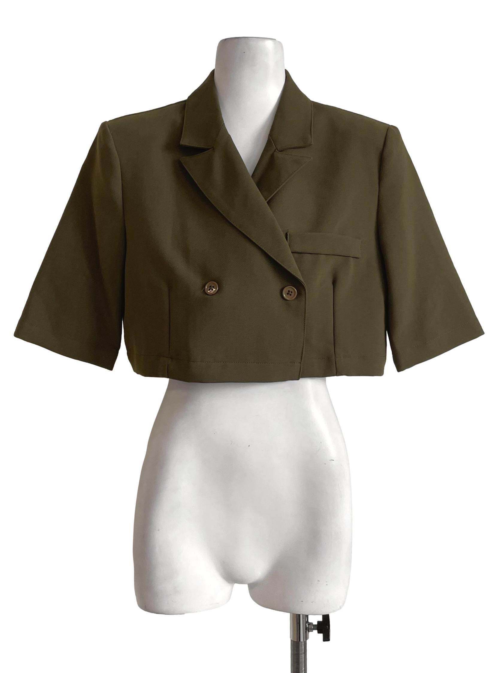 Army Green Peak Lapel Crop Blazer YHF