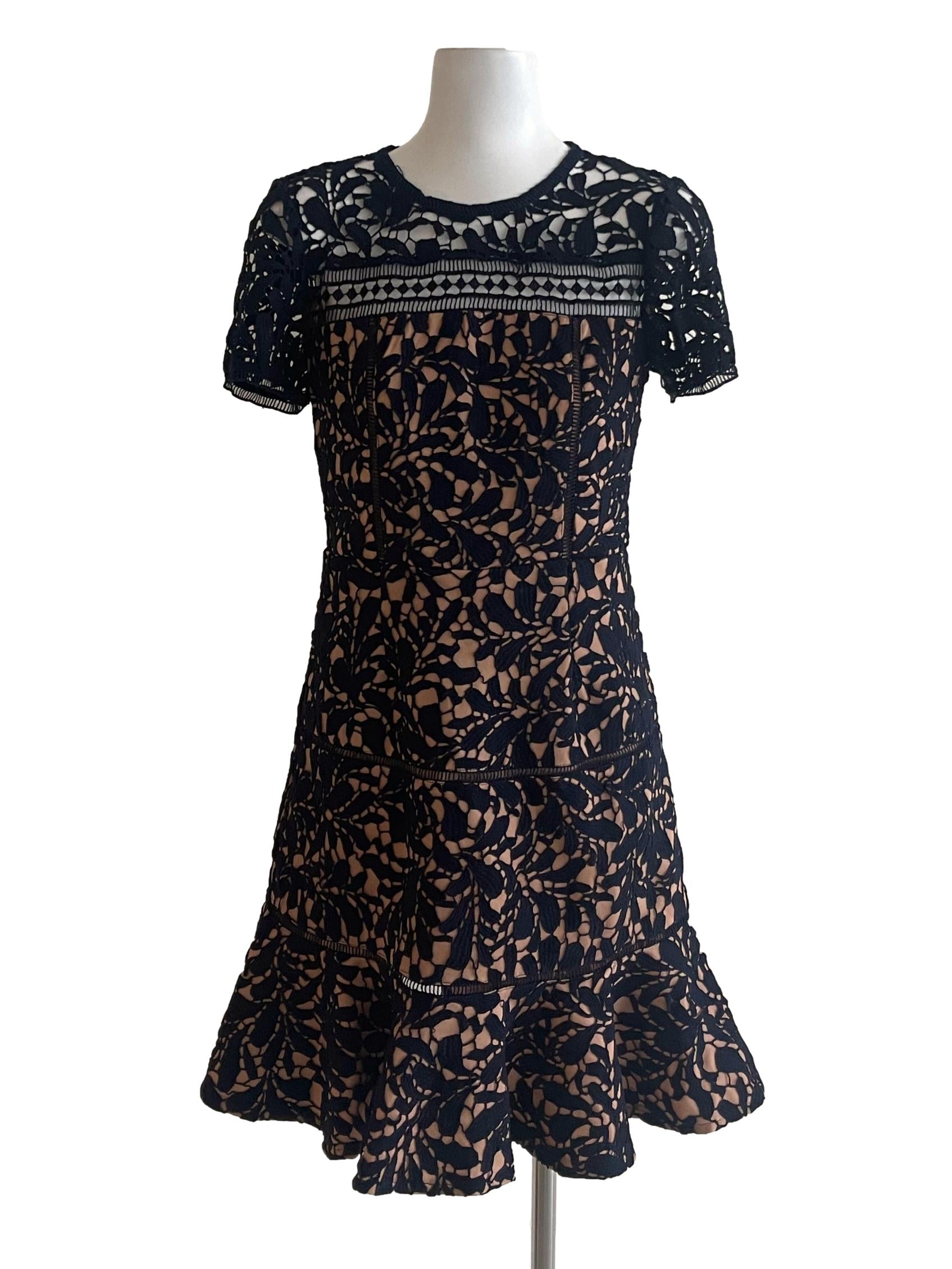 Navy Blue Lace Flounced Dress