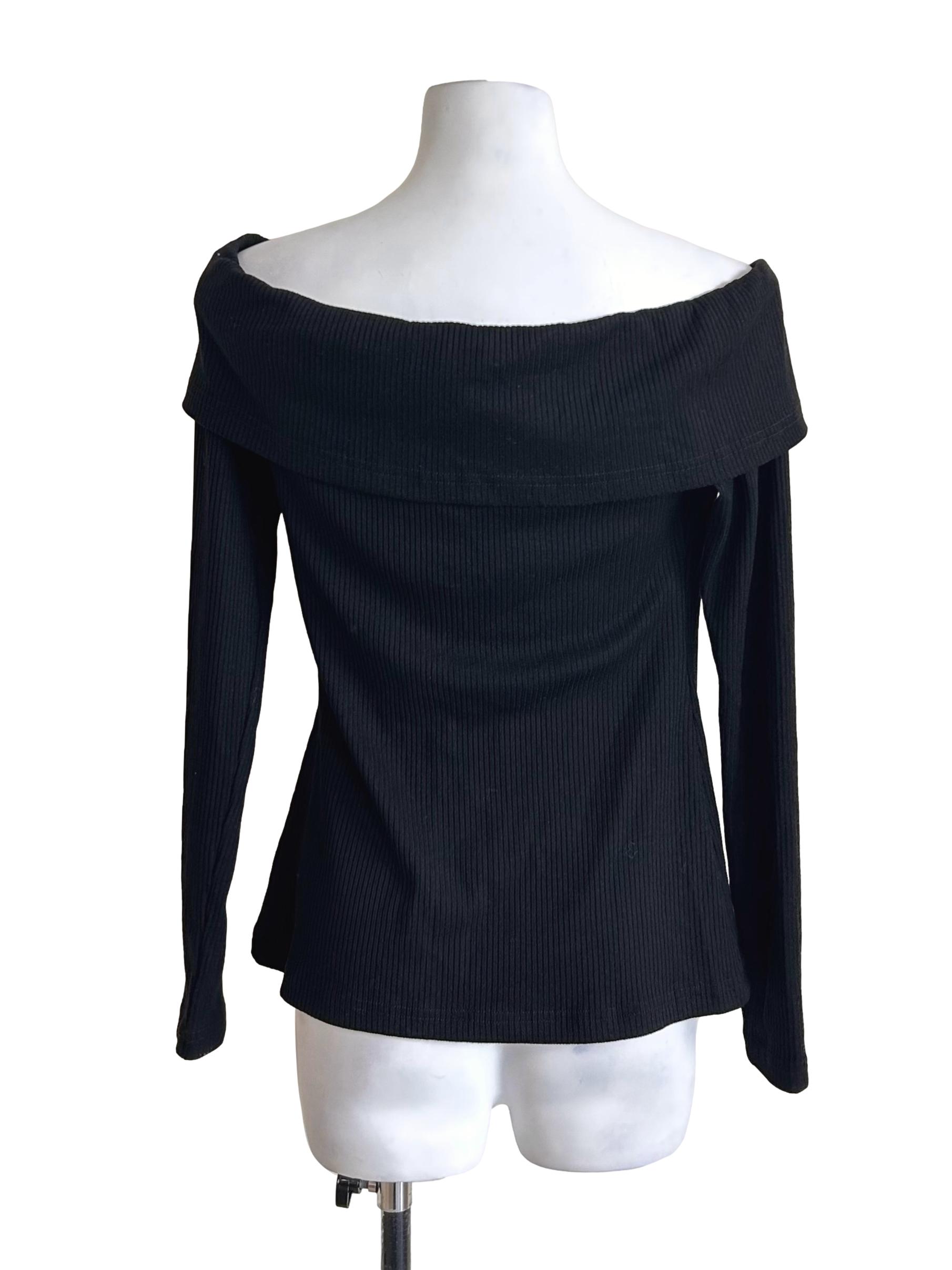 Black Ribbed Off-Shoulder Long Sleeve