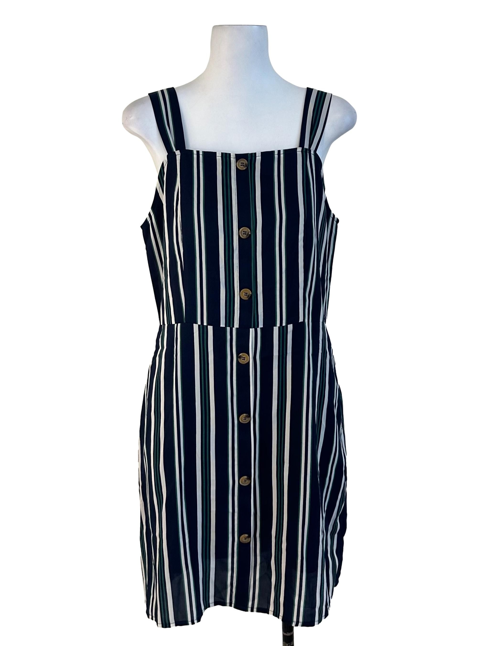 Navy Blue Stripe Button Dress