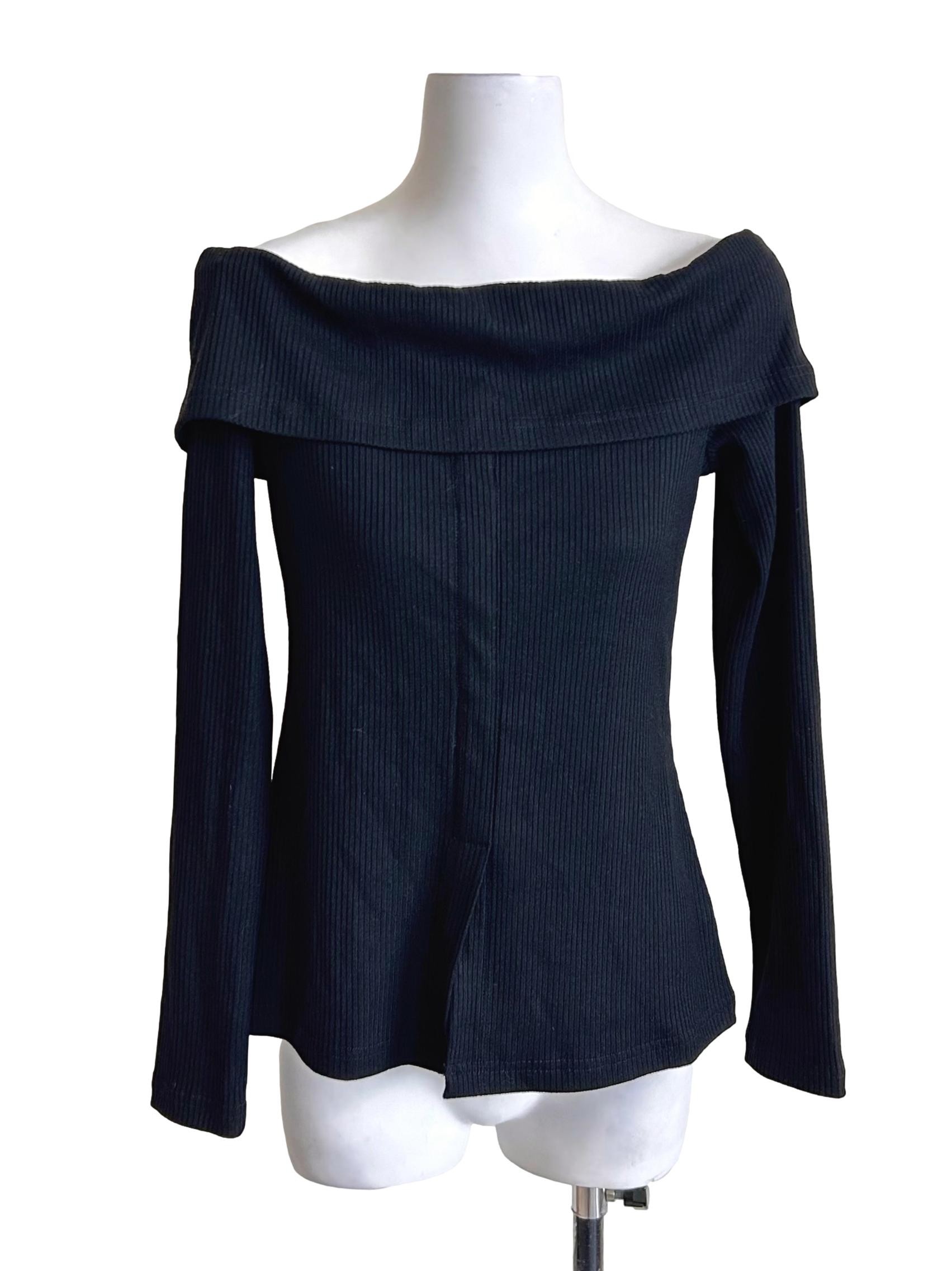Black Ribbed Off-Shoulder Long Sleeve