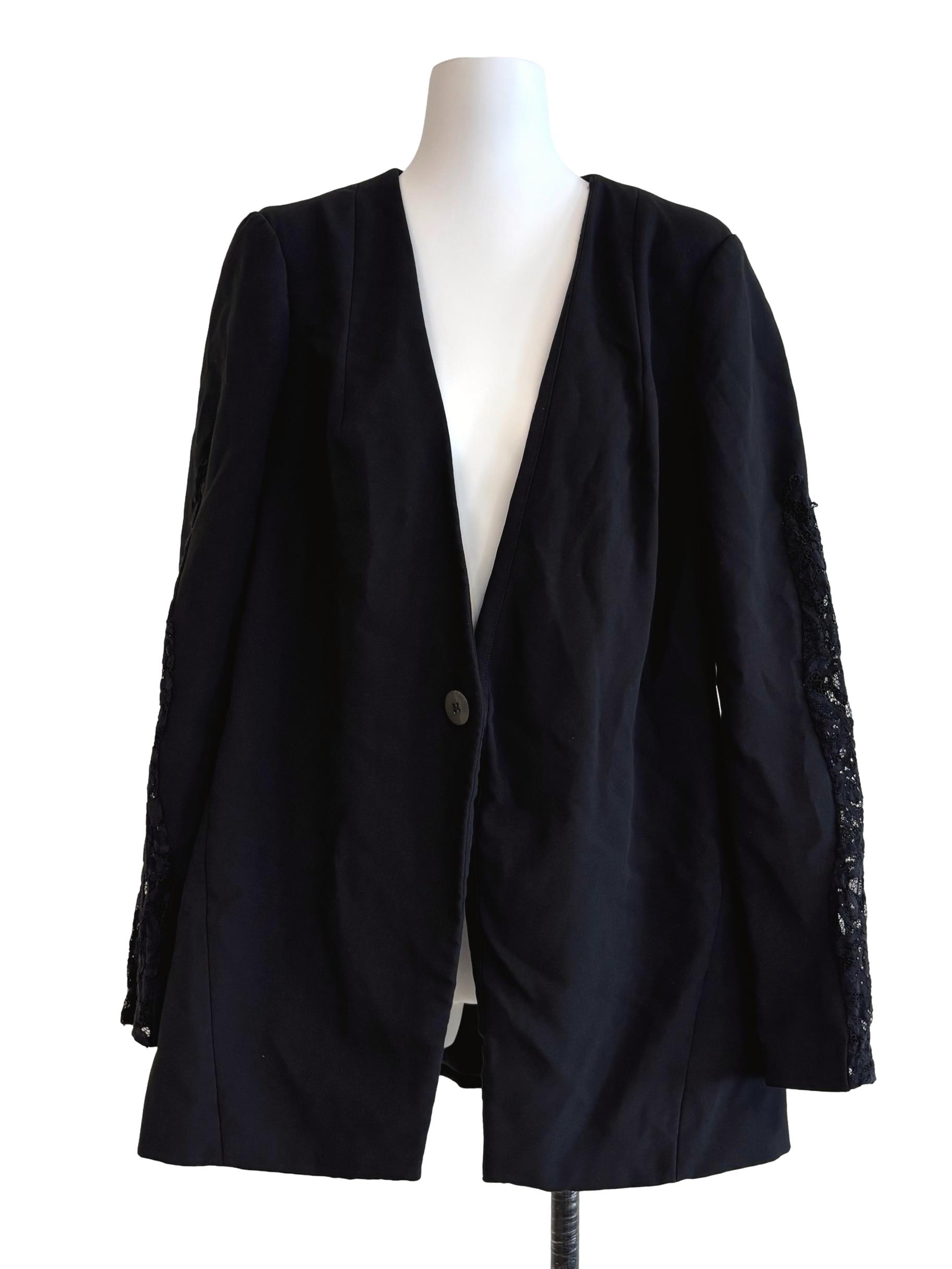 Jet Black One Button Lace Sleeve Blazer
