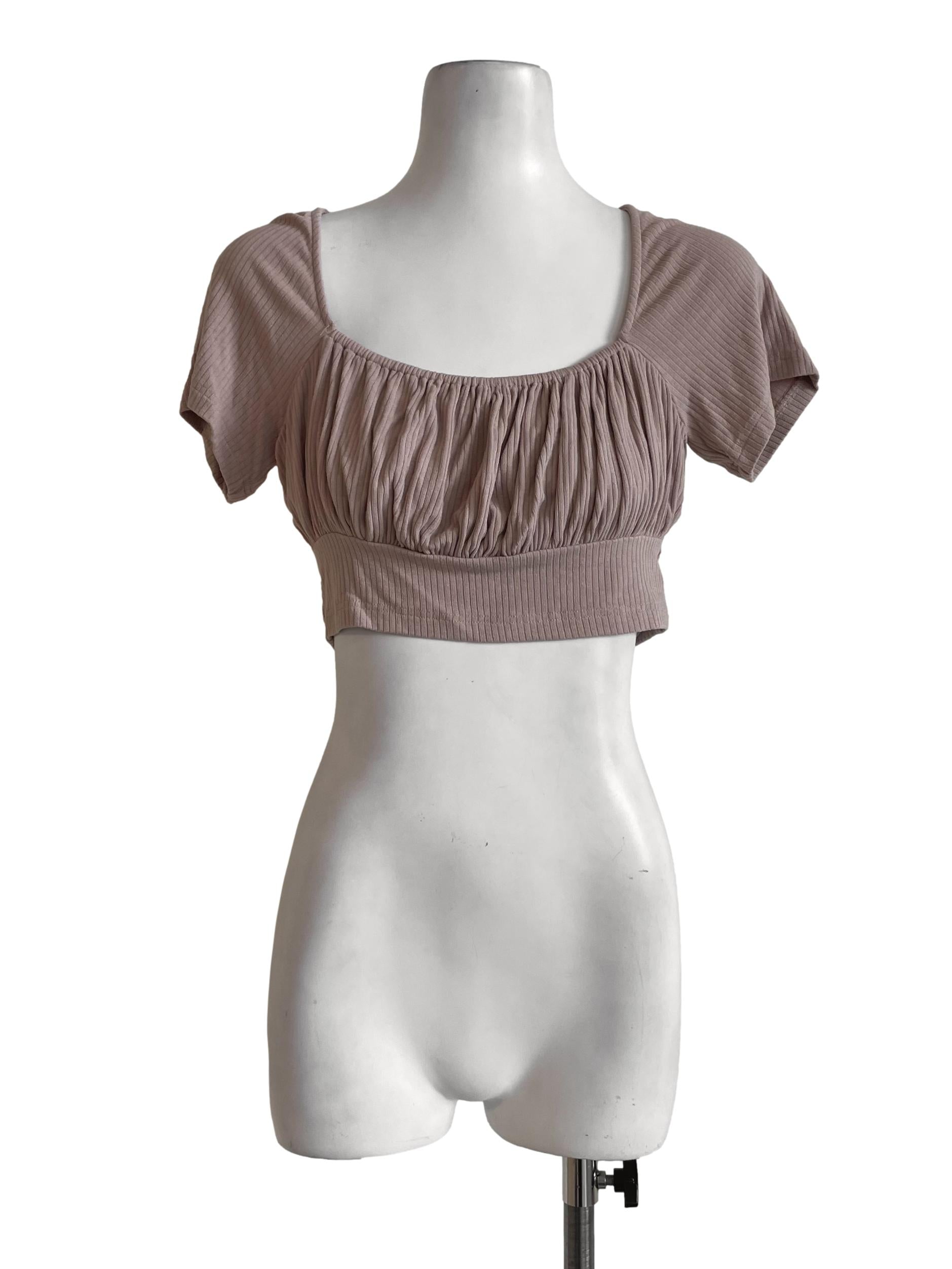 Pastel Brown Ribbed Square Neck Top