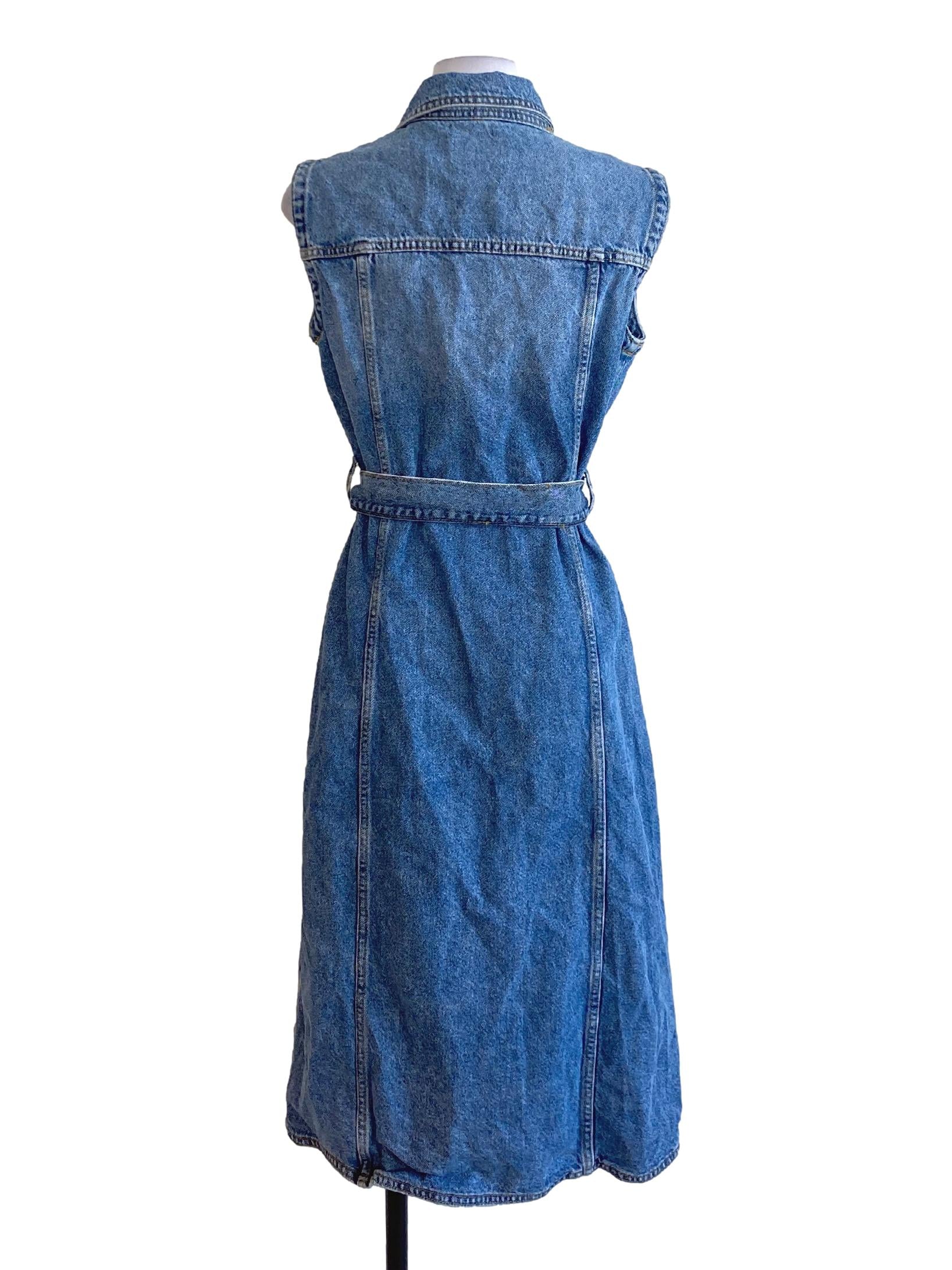 Denim Blue Buttoned Down Sleeveless Wrap Jeans Shift Dress
