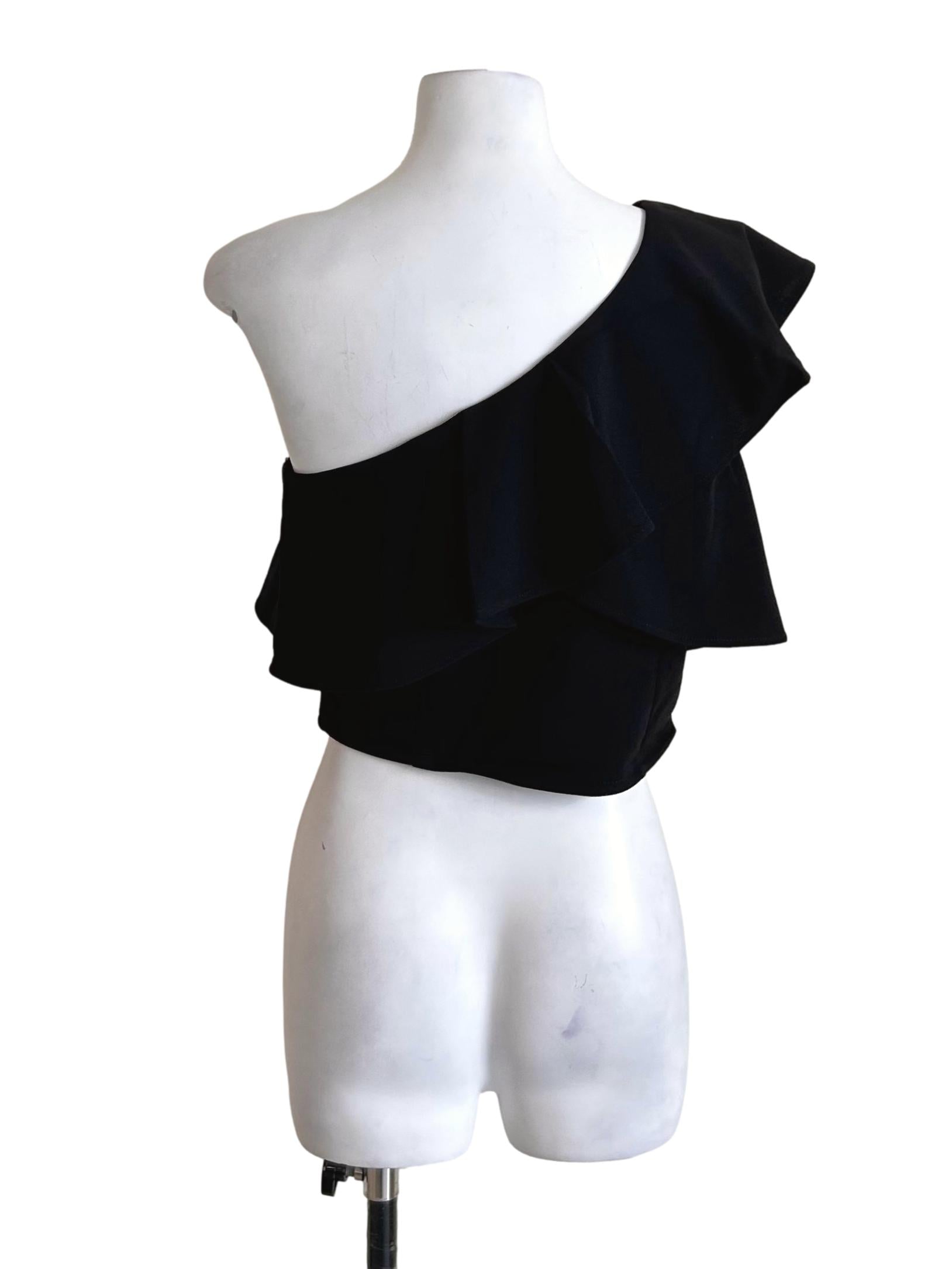 Black Ruffled One-Shoulder Crop Top