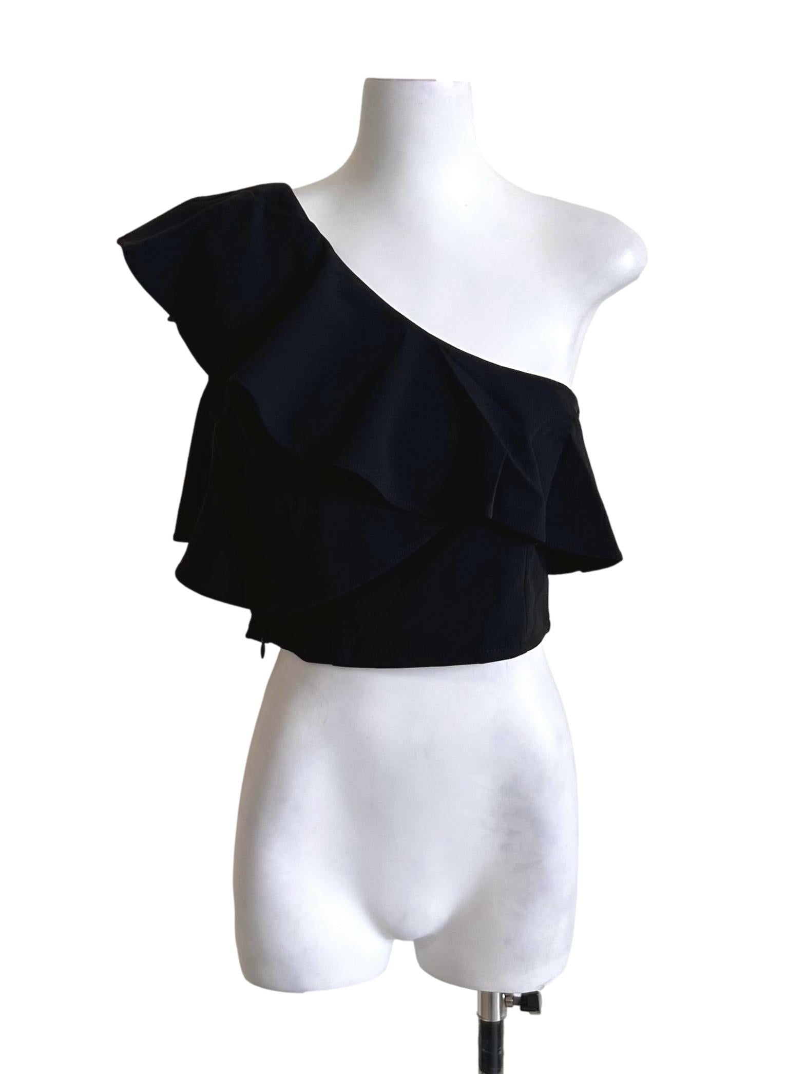 Black Ruffled One-Shoulder Crop Top