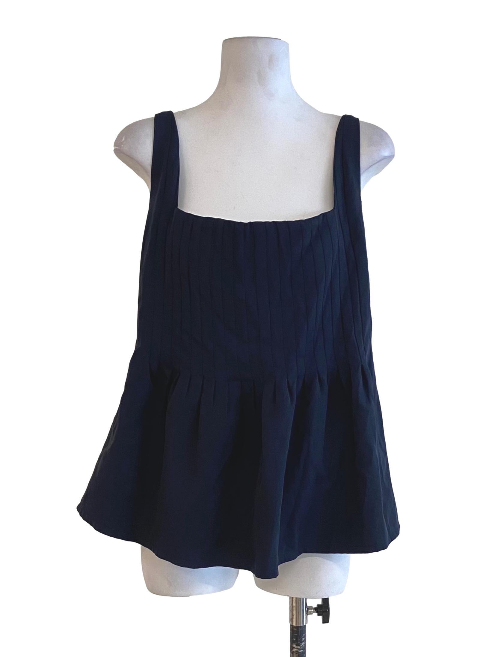 Night Blue Square Pleated Sleeveless Top