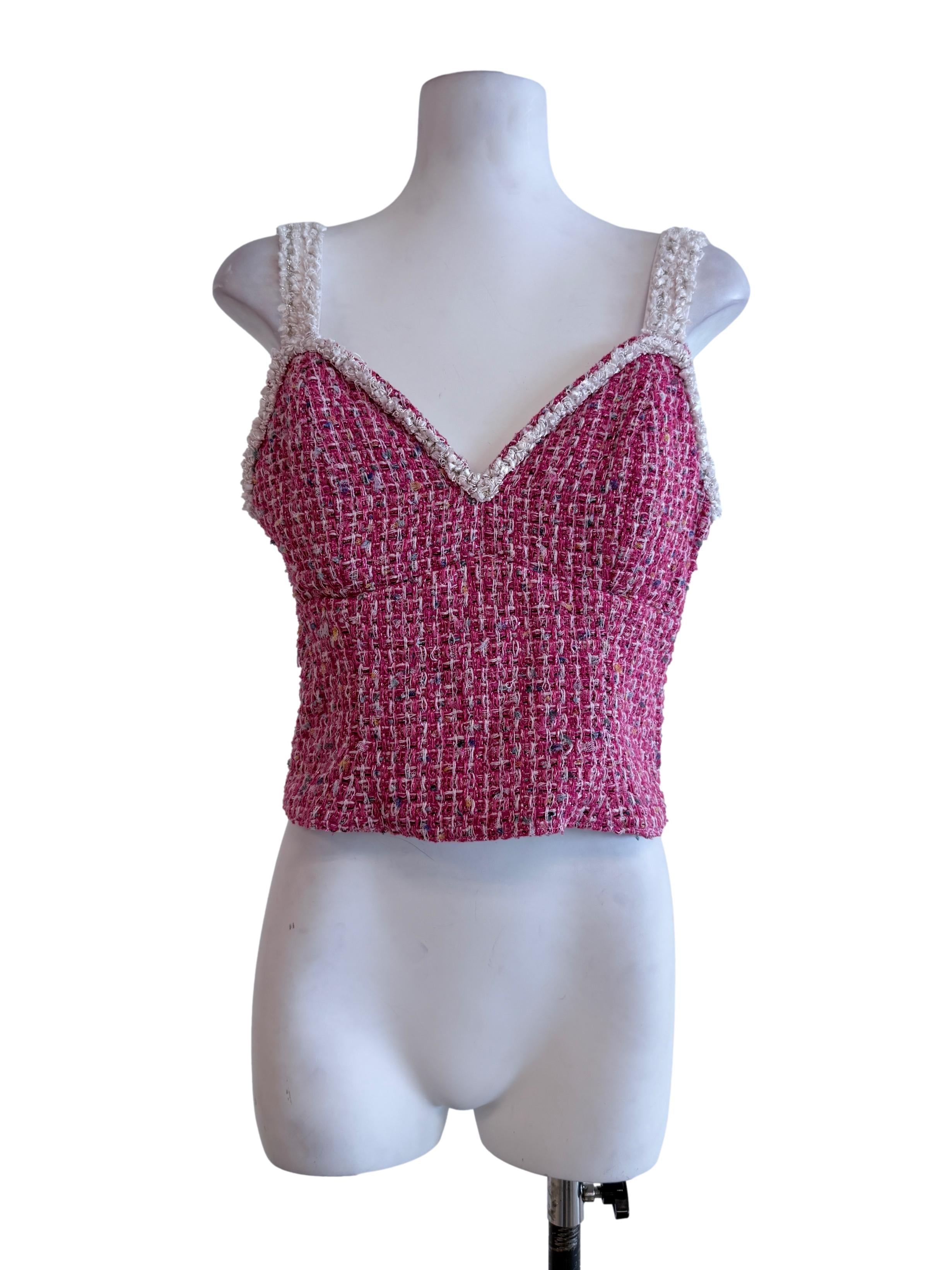 Pink Tweed V Neck Top