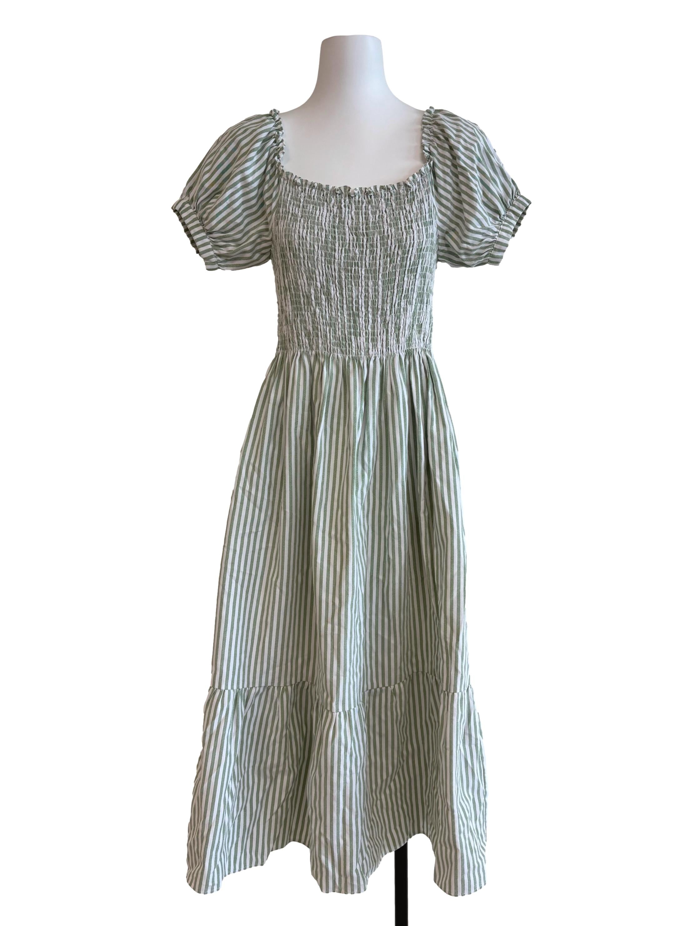 Sage Green Striped Smocked Cotton Dress