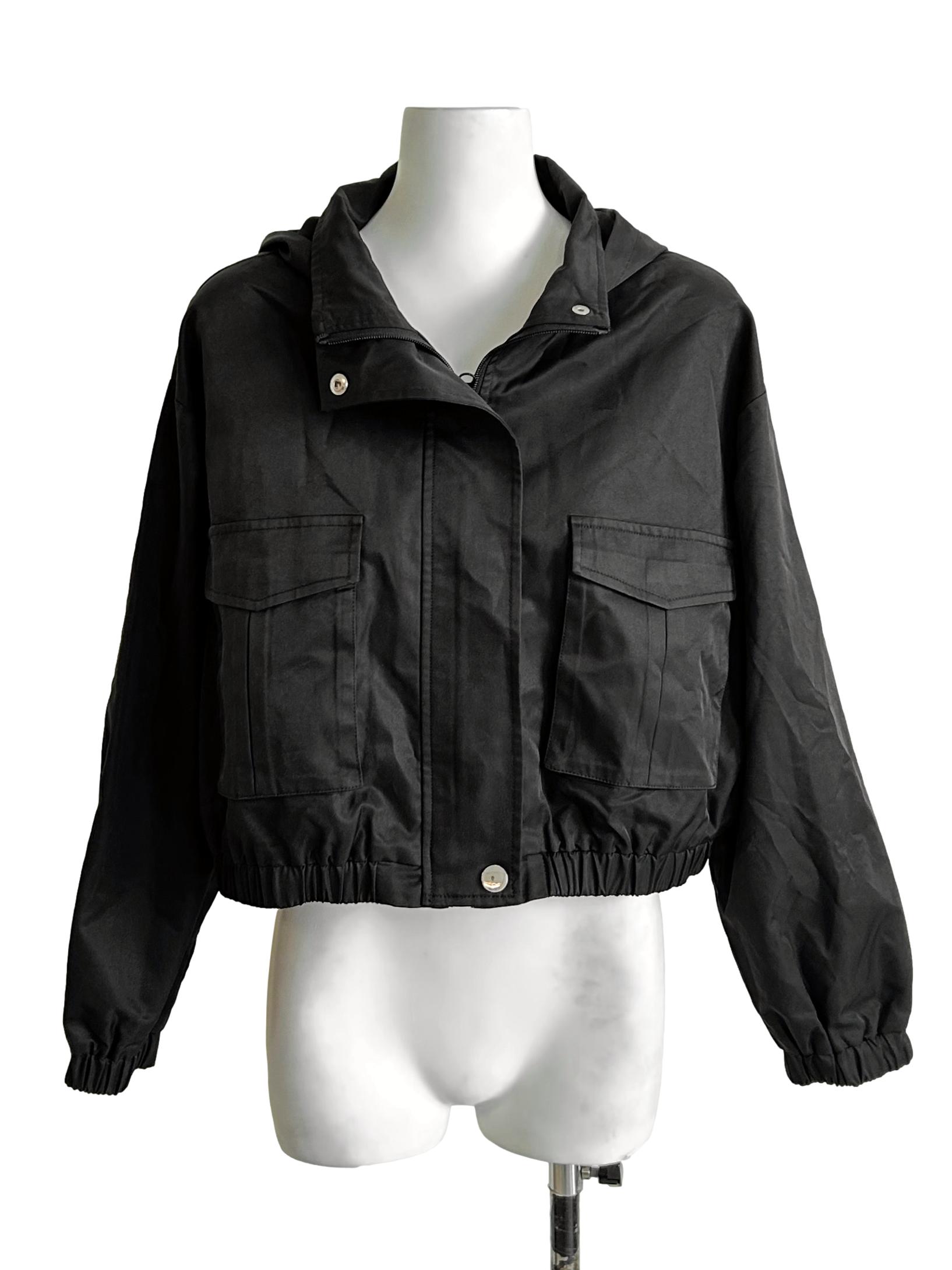 Black Cropped Hooded Utility Jacket