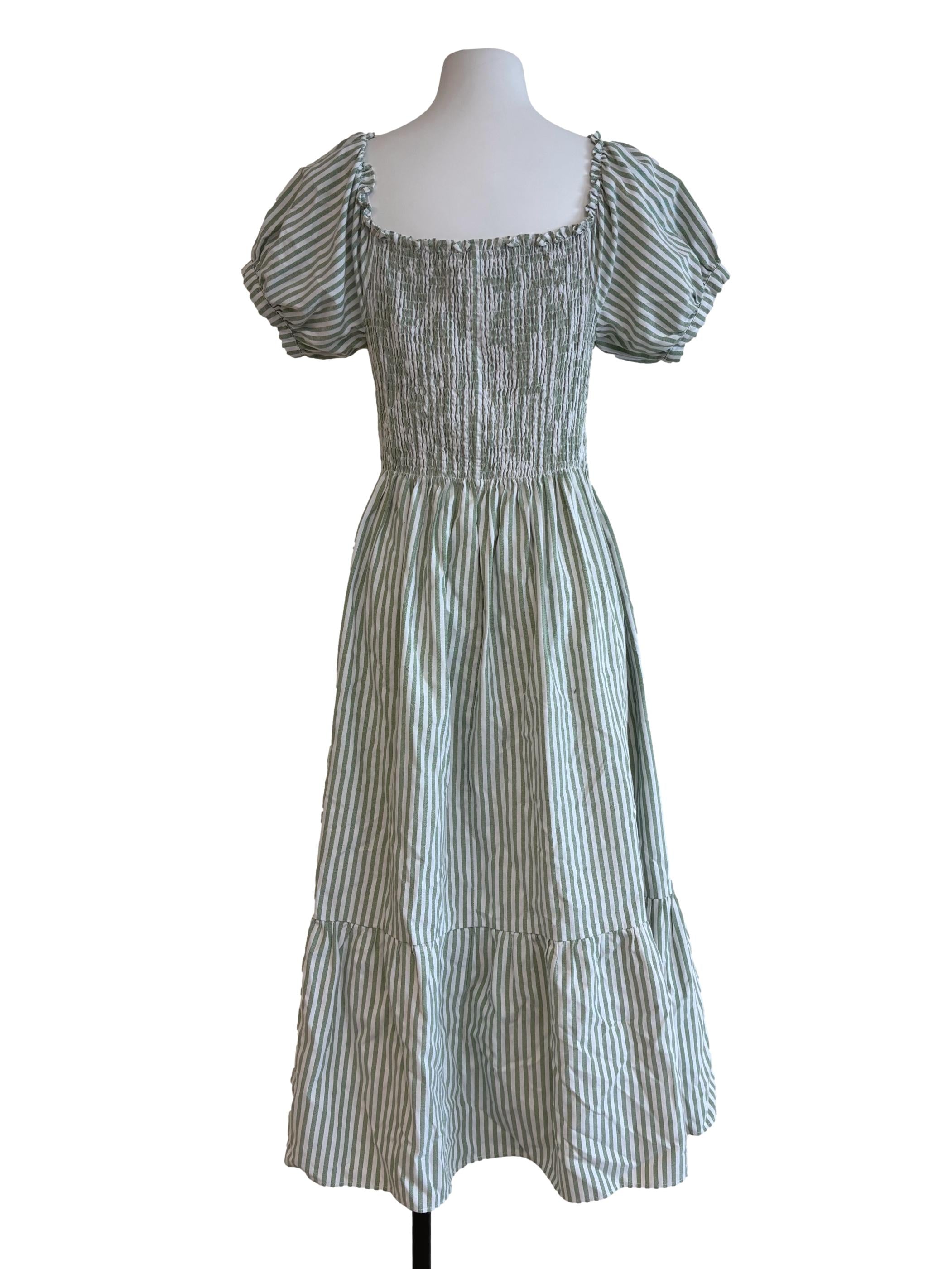 Sage Green Striped Smocked Cotton Dress