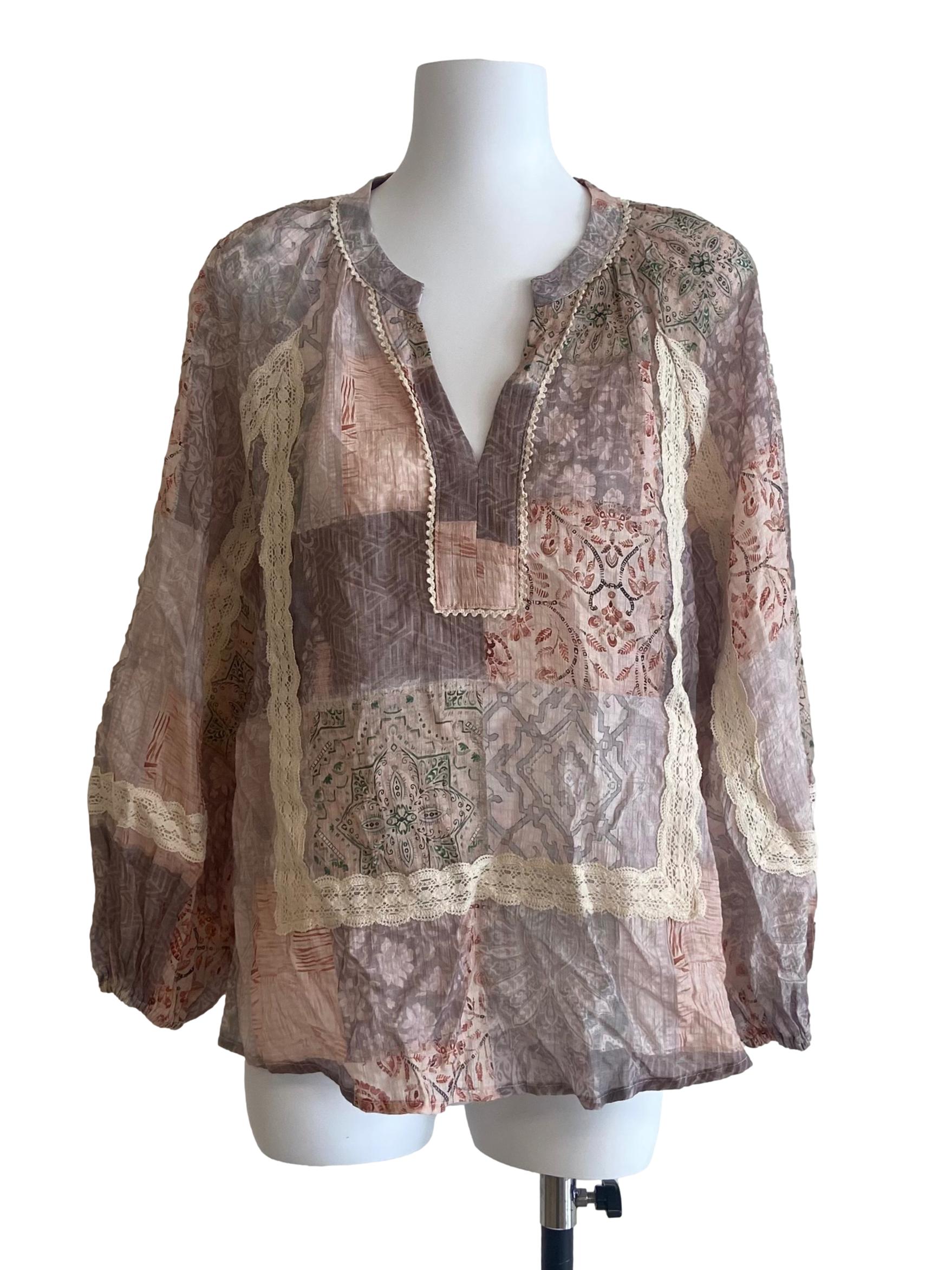 Crepe Pink Floral Lace V-Neck Blouse