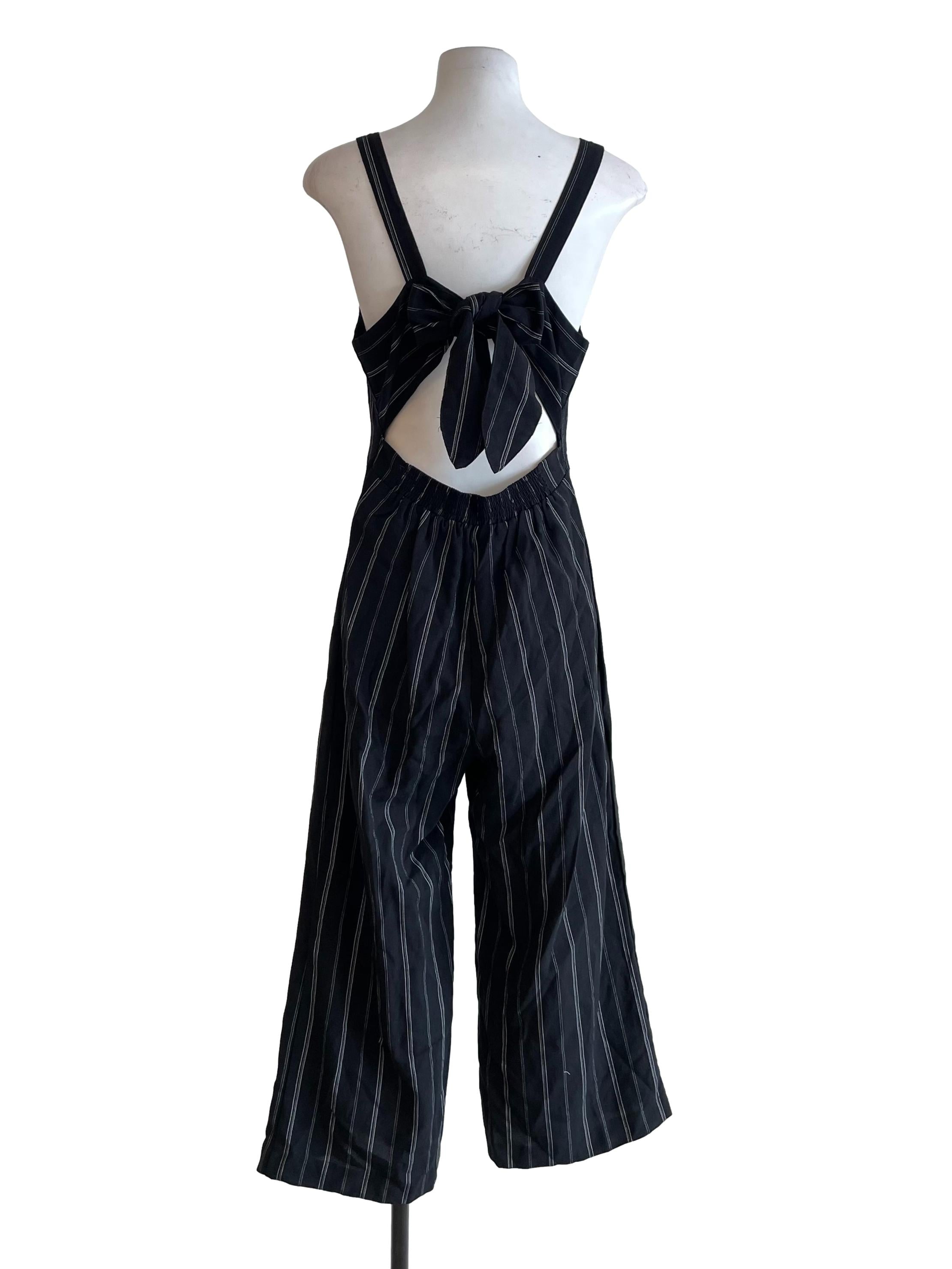 Black Pinstripe Tie Bow Jumpsuit