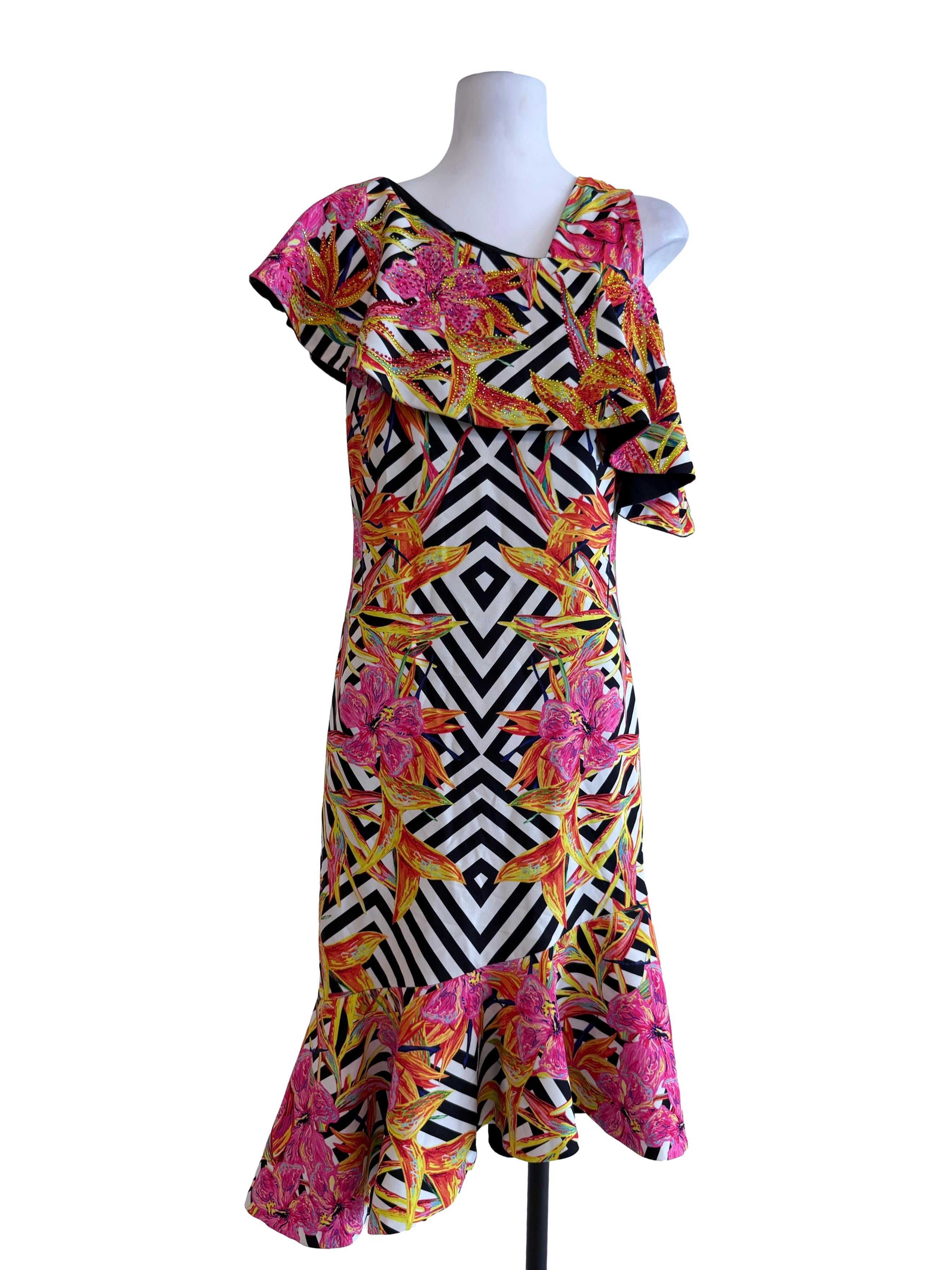 Floral Asymmetrical Shoulder Dress