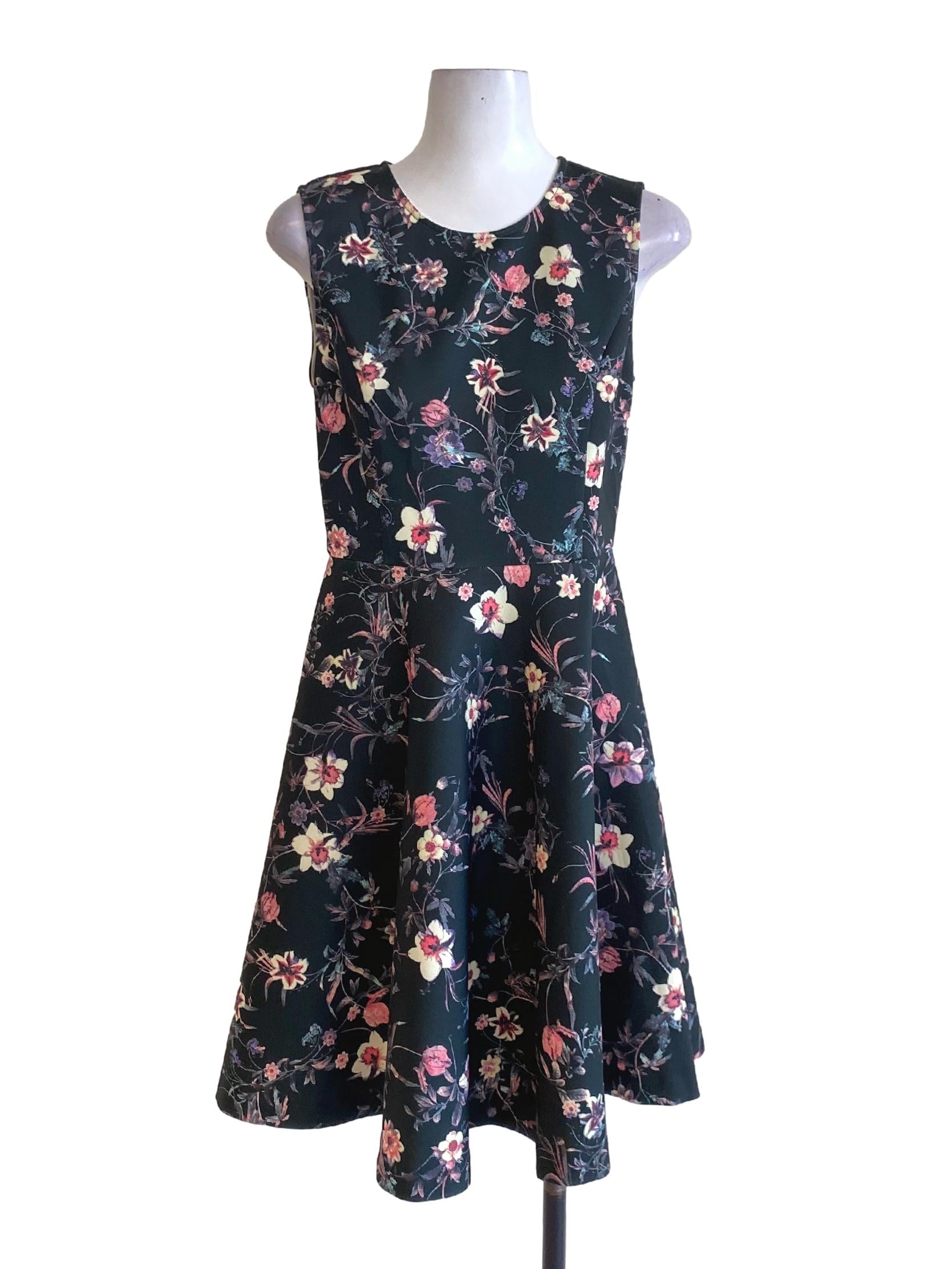 Dark Emerald Green Floral Printed Round Neck A-Line Dress