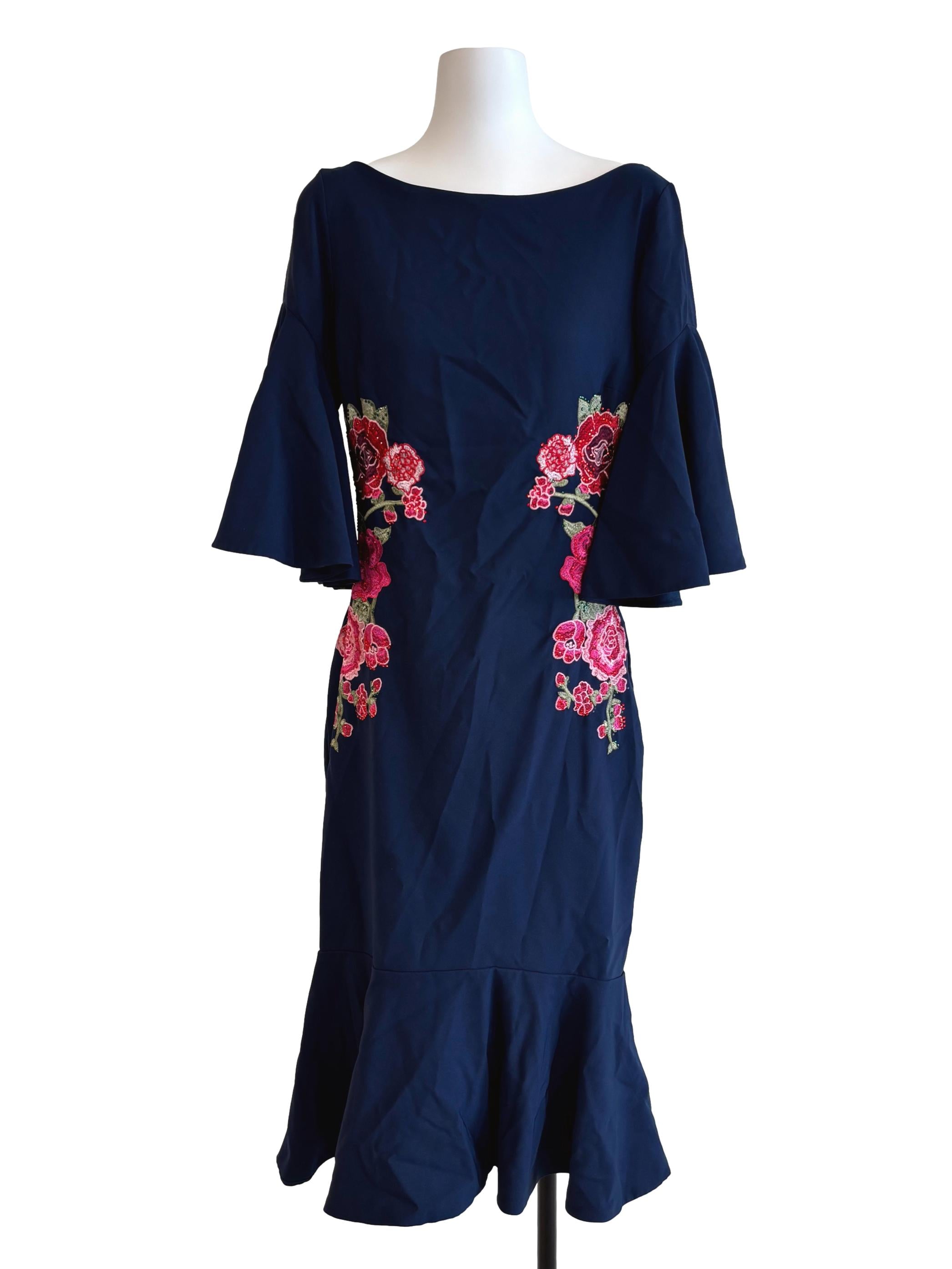 Navy Blue Boat Neck Ruffle Pencil Dress