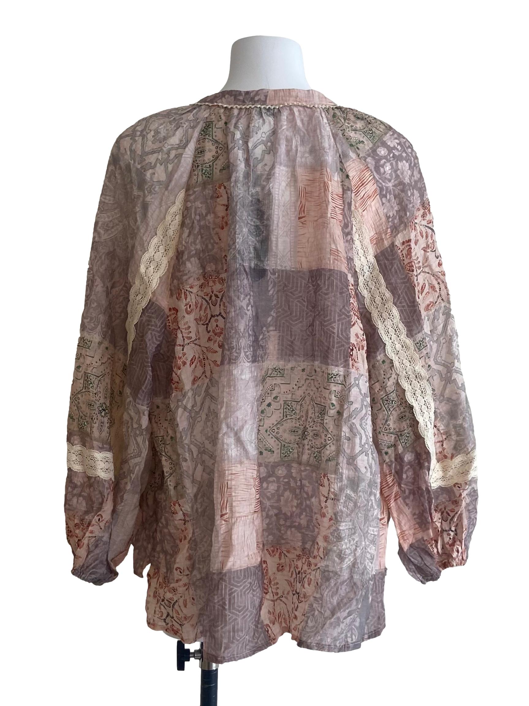 Crepe Pink Floral Lace V-Neck Blouse