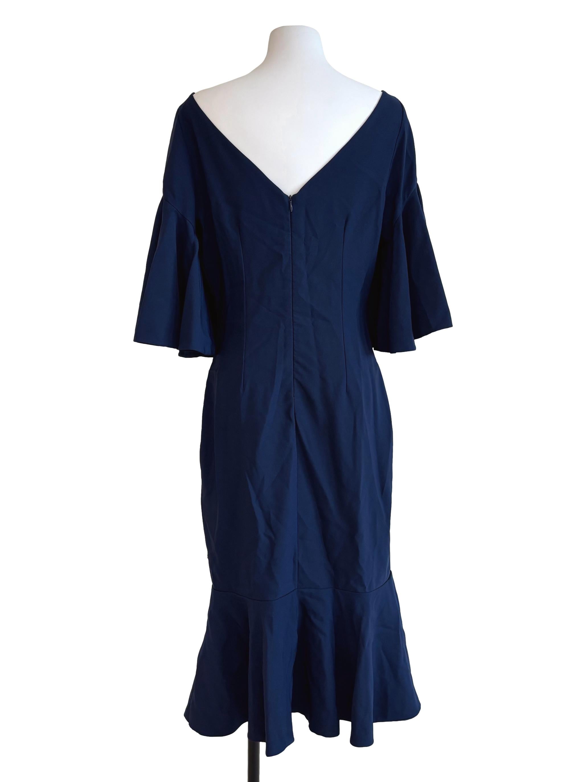 Navy Blue Boat Neck Ruffle Pencil Dress
