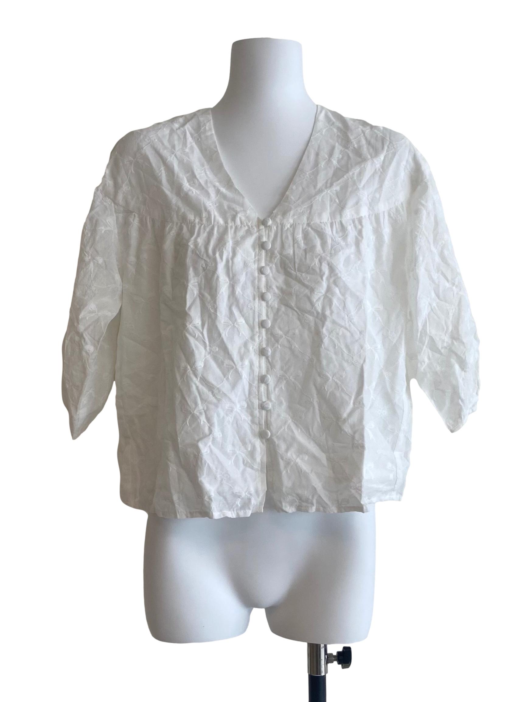 White & Ribbon Embroidery Button Down Blouse