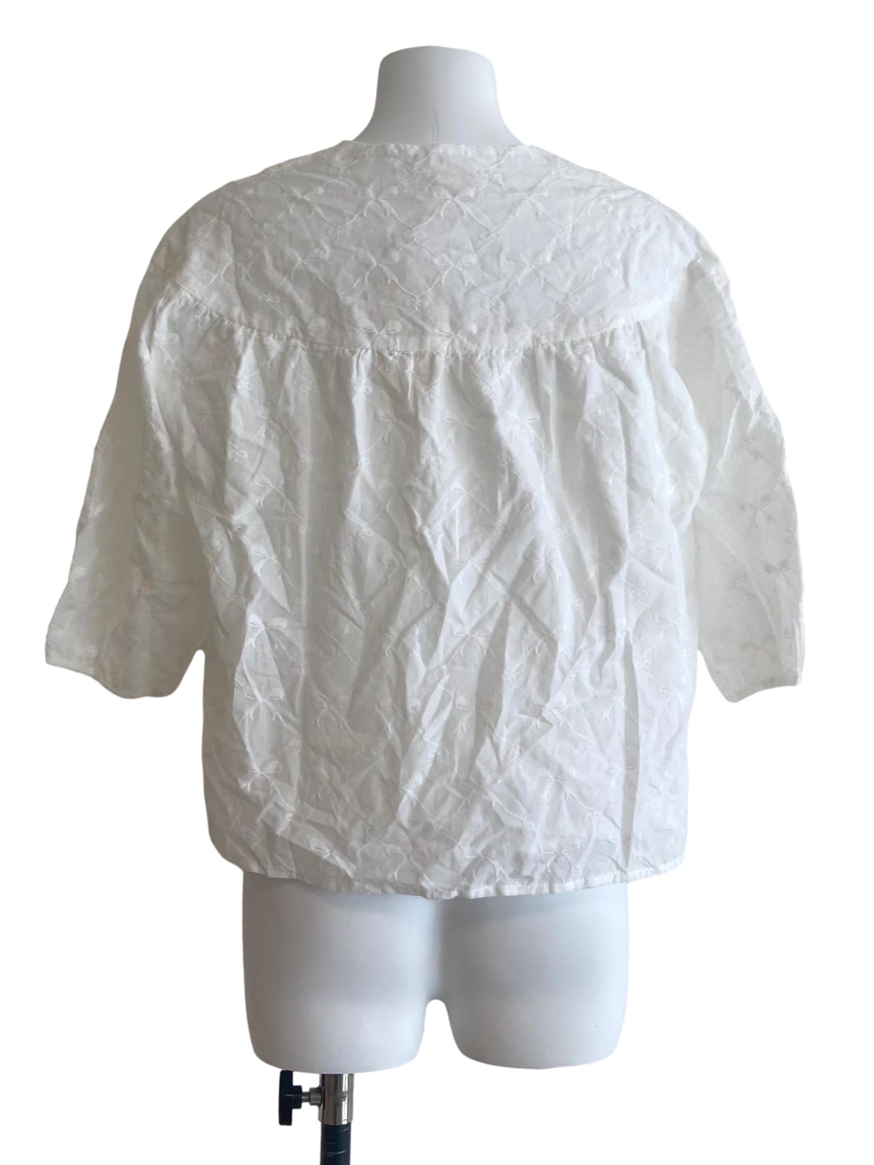 White & Ribbon Embroidery Button Down Blouse
