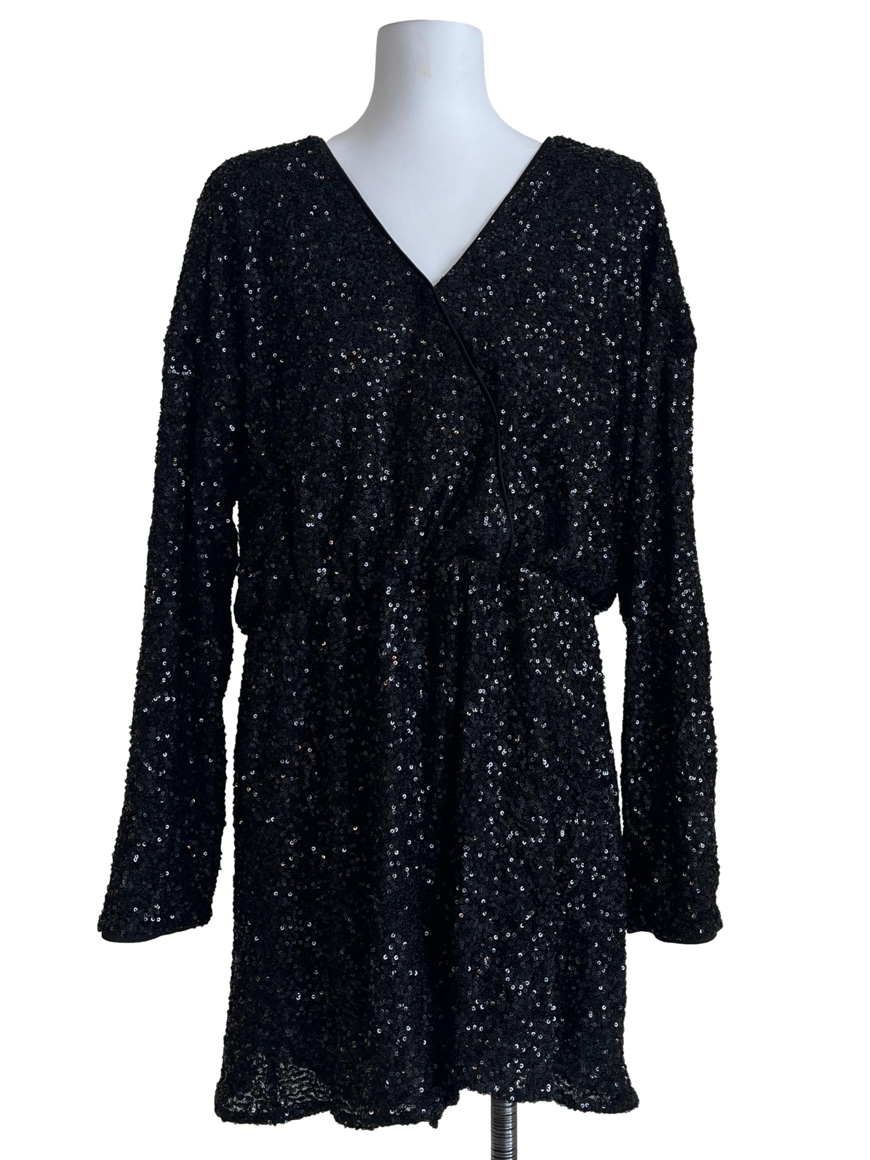 Ink Black V-Neck Long Sleeve A-Line Dress