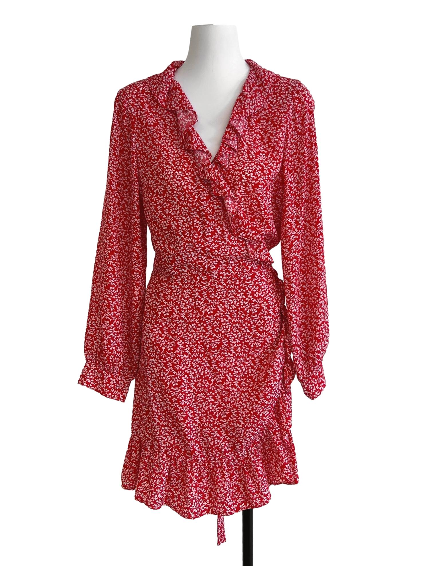 Crimson Red Floral Wrap Dress