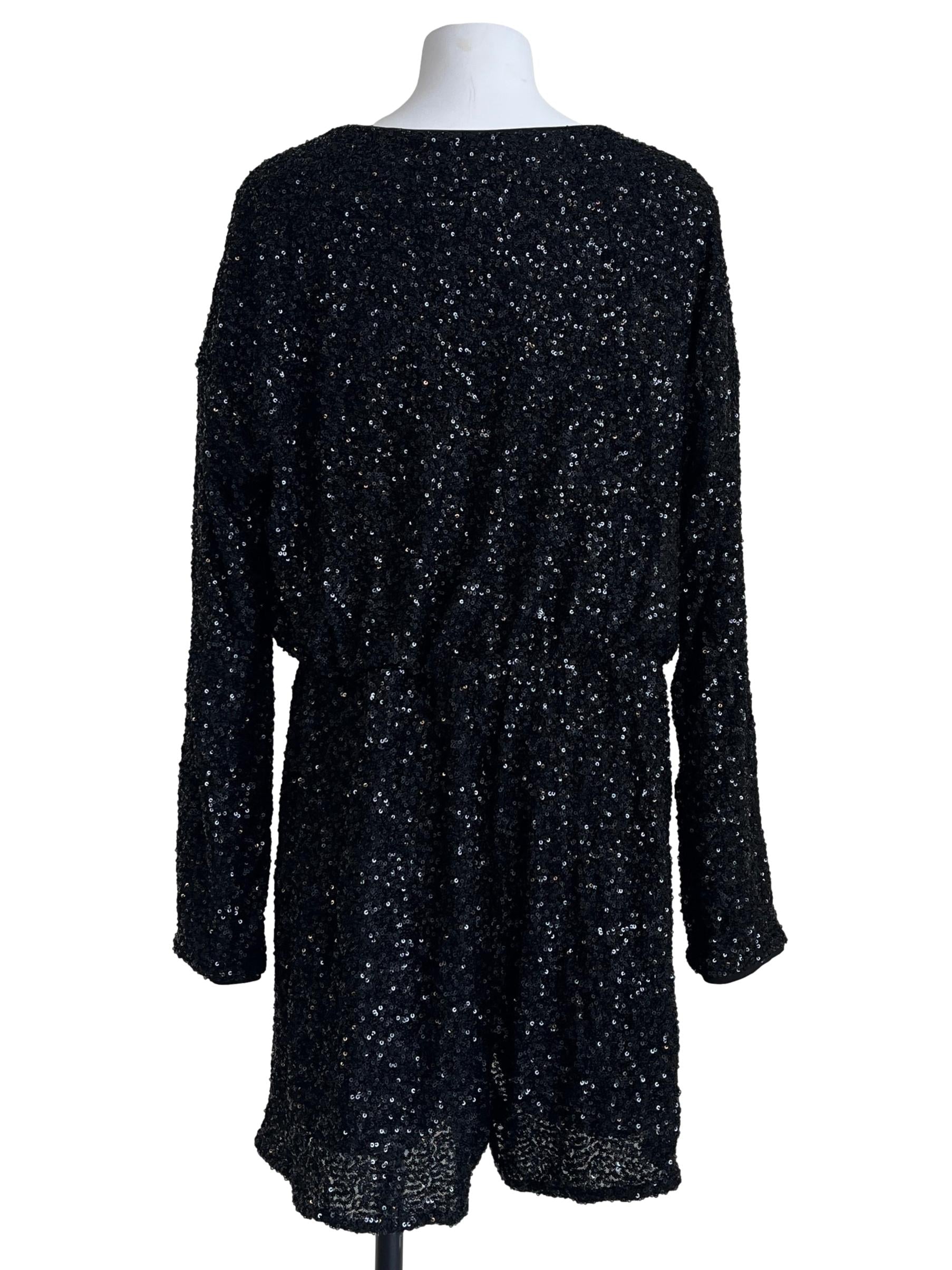 Ink Black V-Neck Long Sleeve A-Line Dress