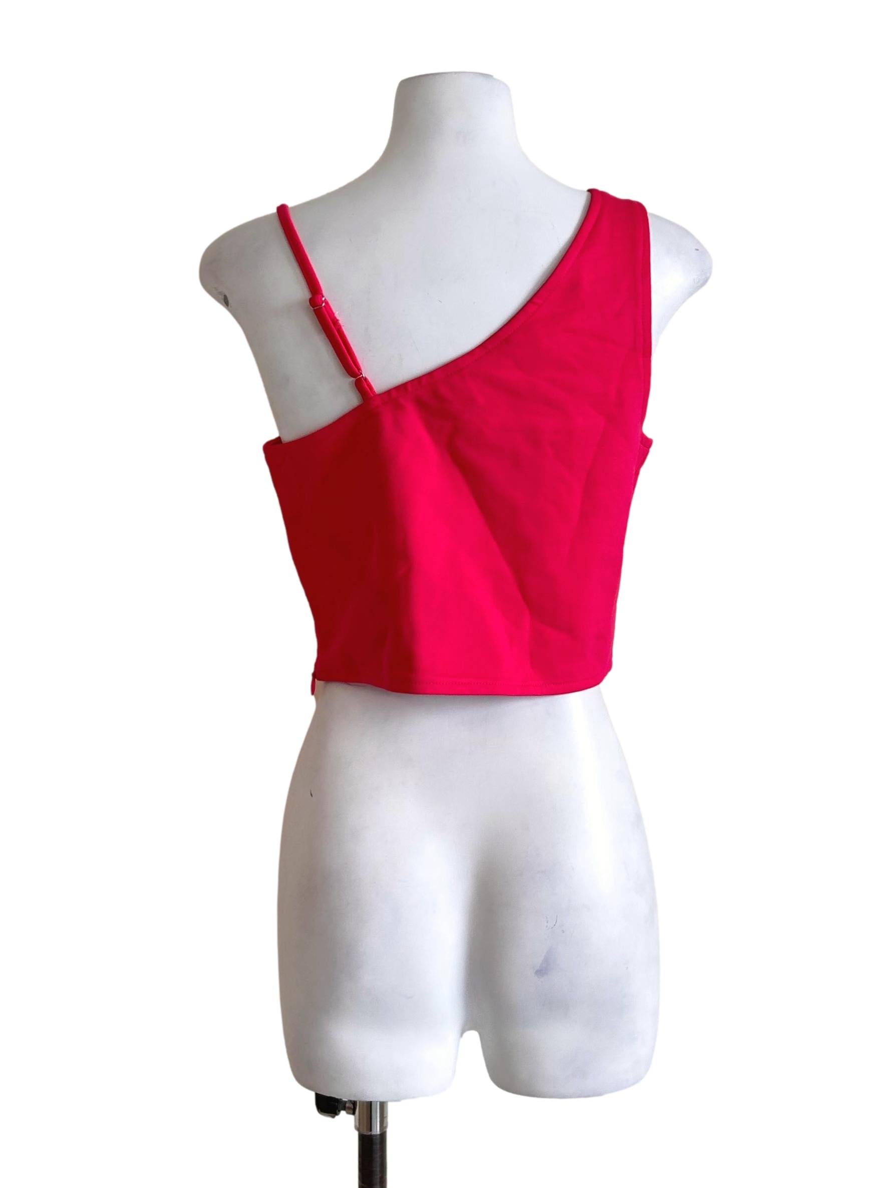 Hot Pink Buckle Strap One-Shoulder Top YHF