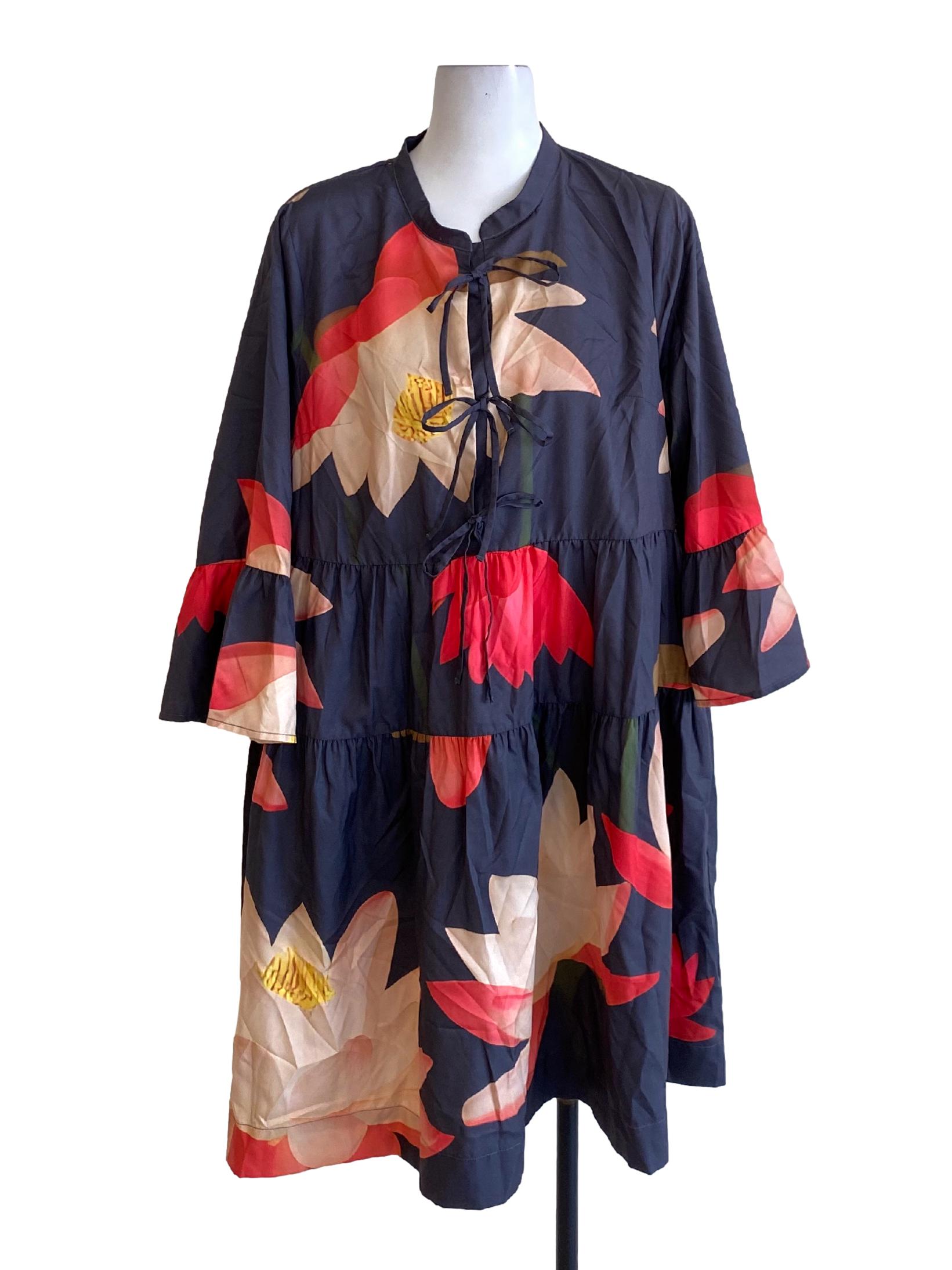 Shadow Grey Floral Printed Tie Front Layered Dress