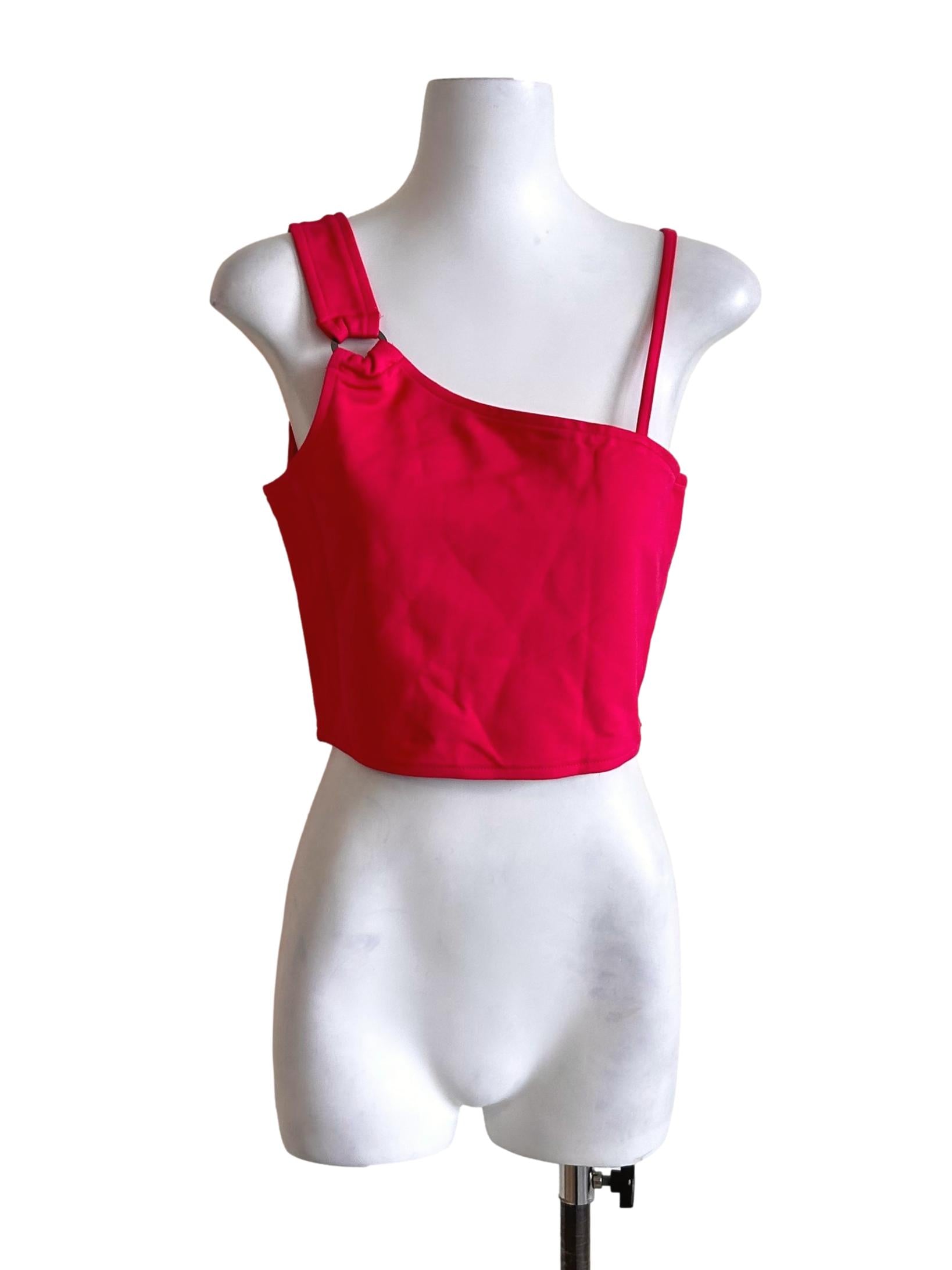 Hot Pink Buckle Strap One-Shoulder Top YHF