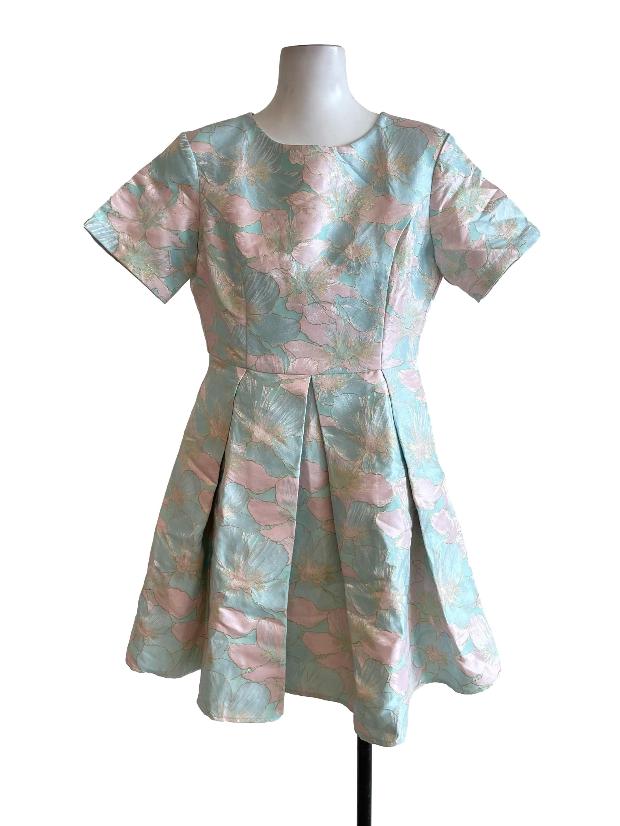 Pastel Mint Box Pleated Floral Dress