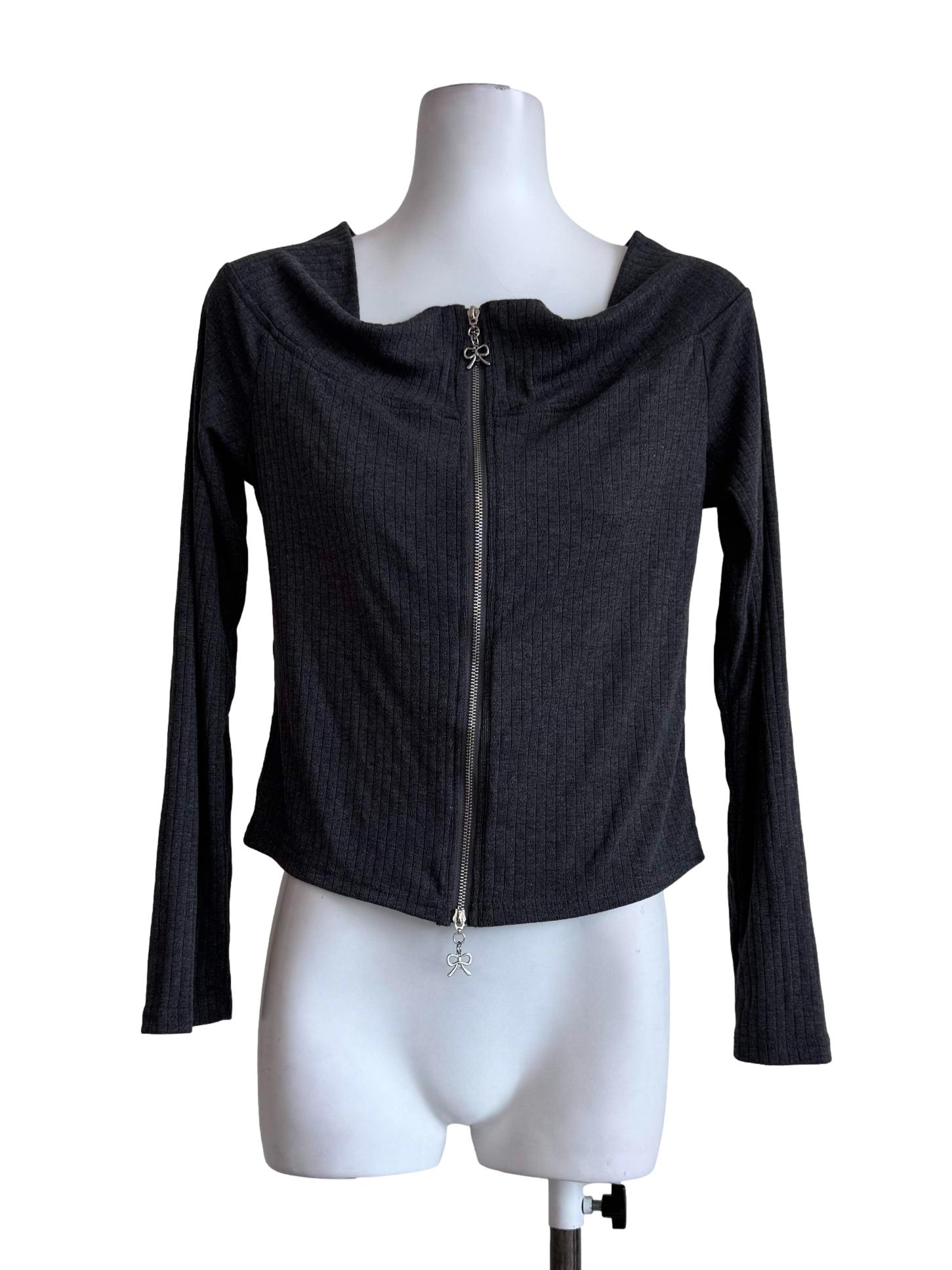 Textured Grey Long Sleeve Blouse