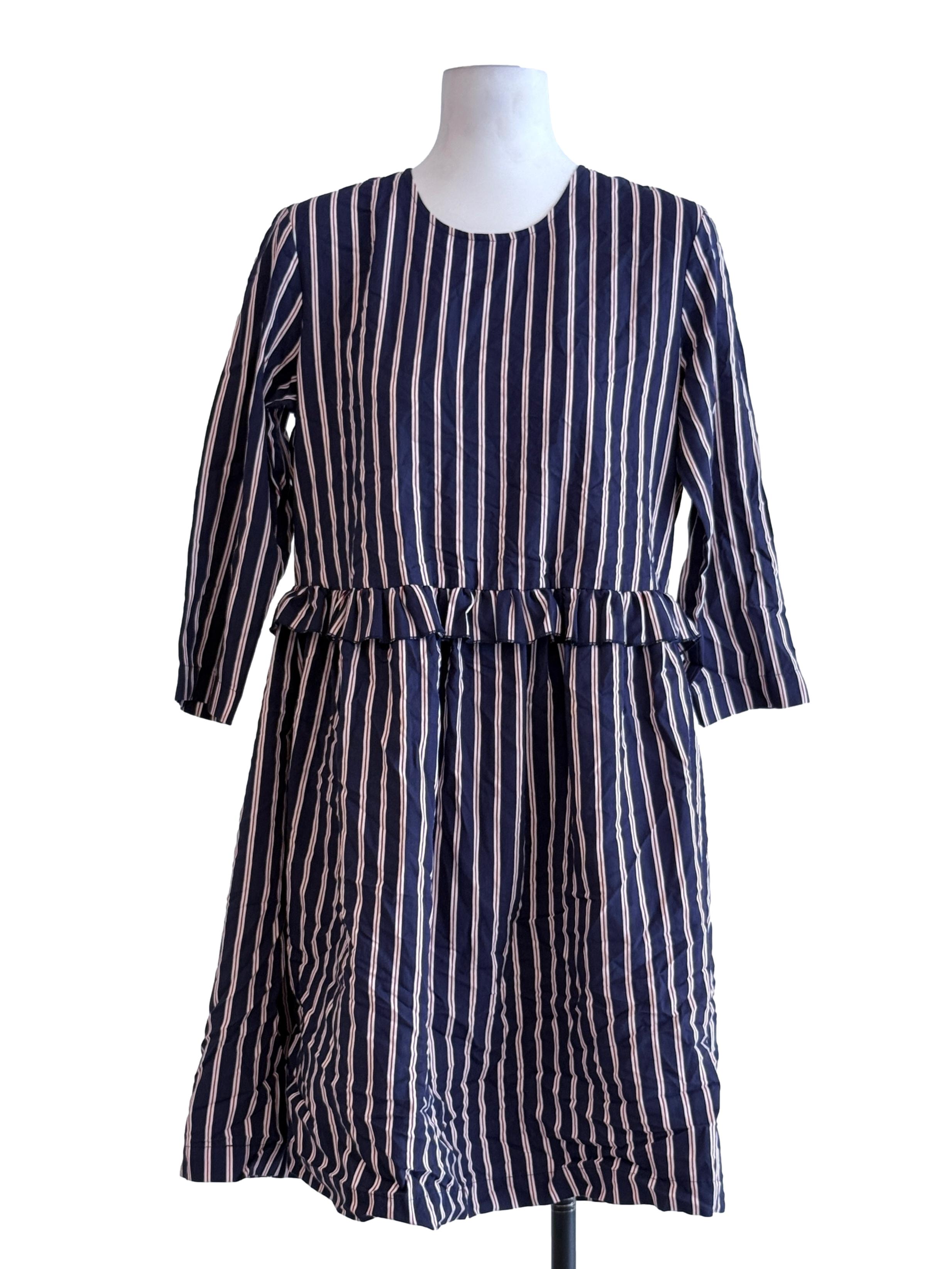 Dark Blue Striped Knee Length Dress