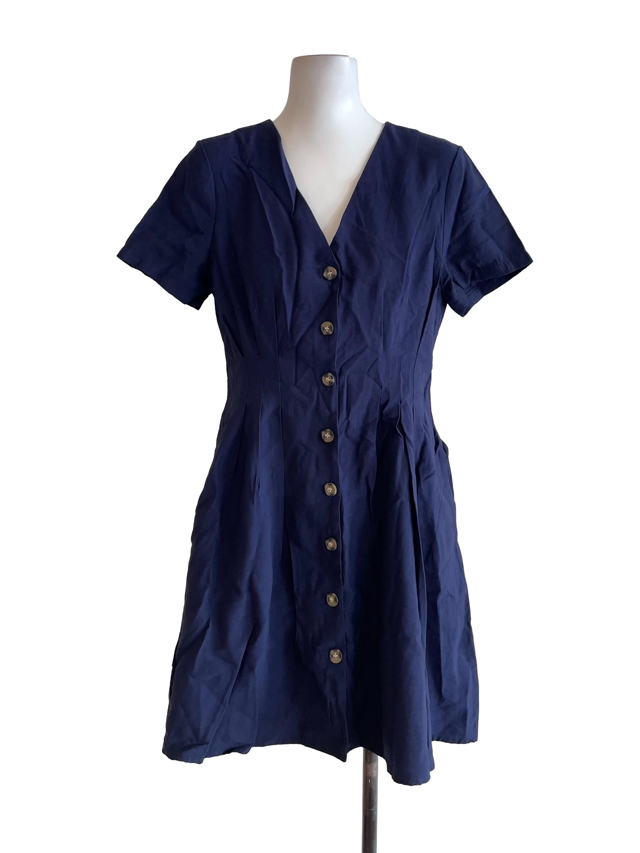 Navy Snatched Button Down Dress