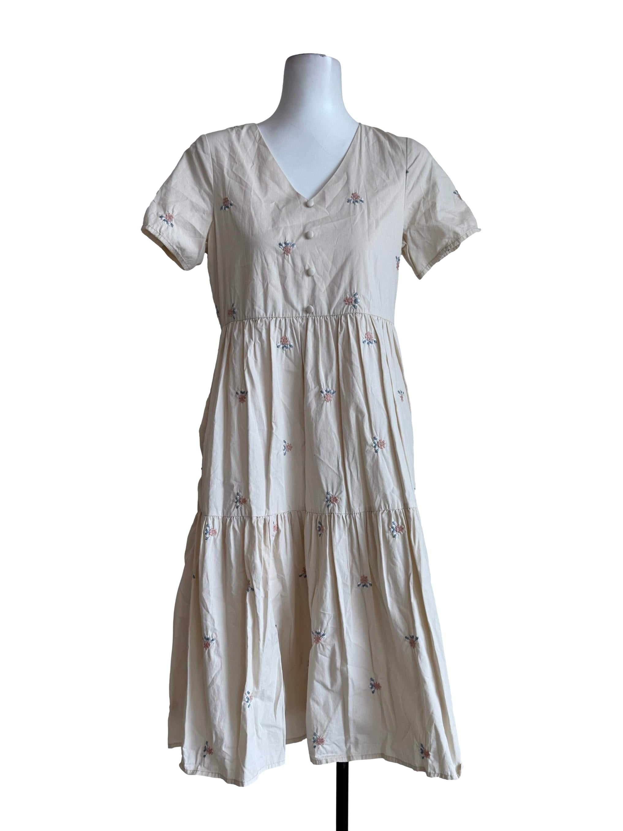 Sand Beige Embroidery V Neck Dress