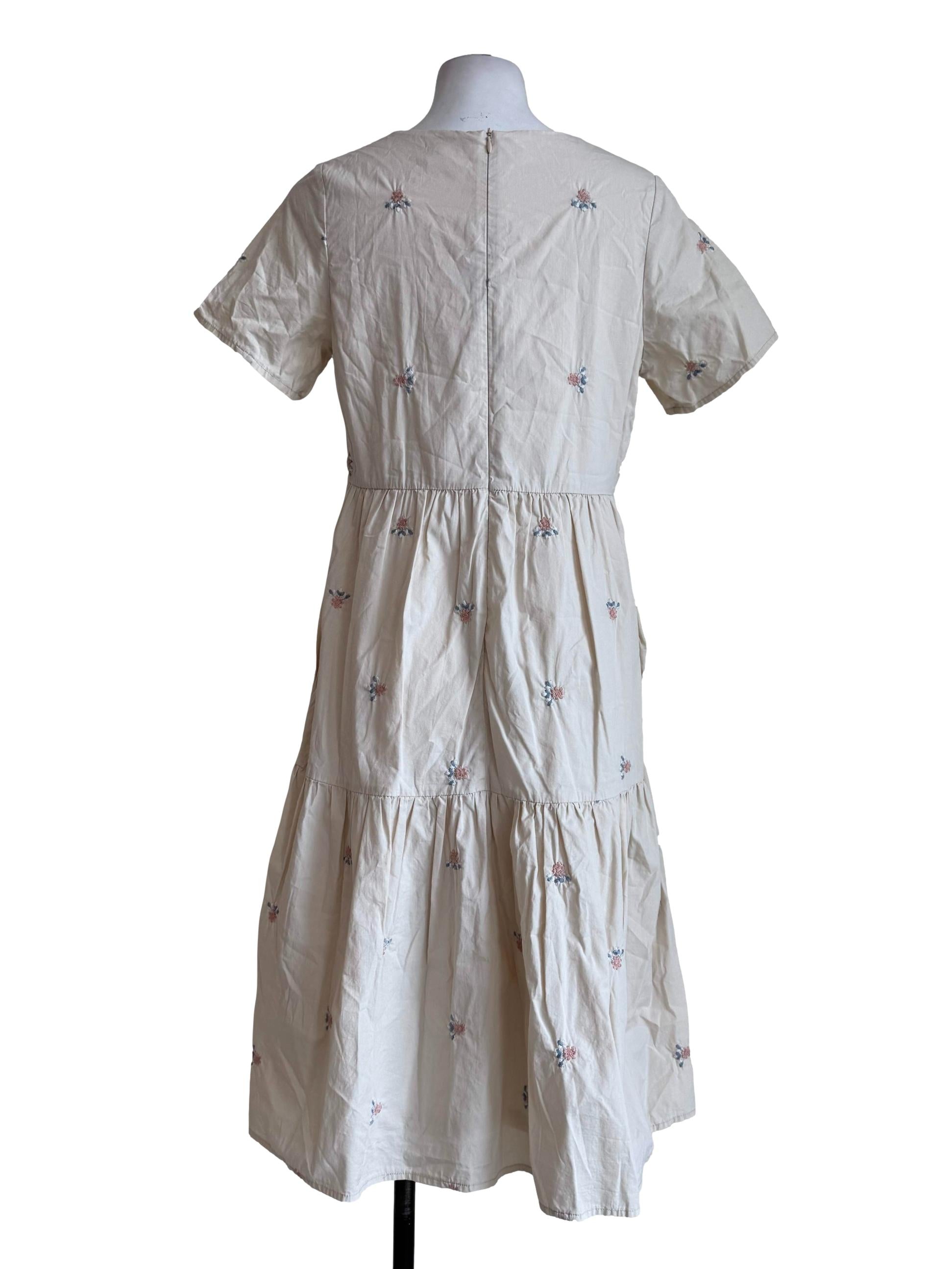 Sand Beige Embroidery V Neck Dress