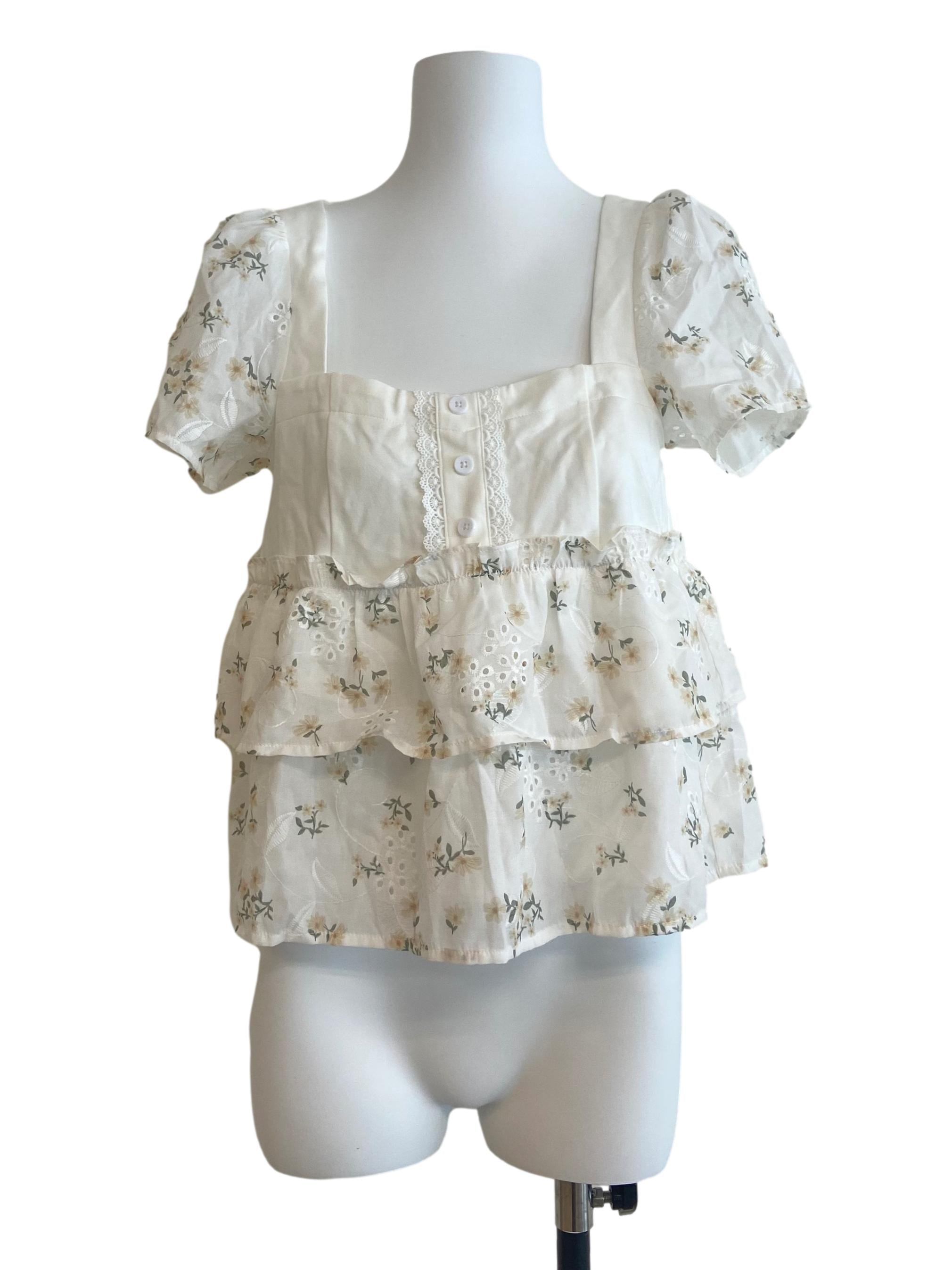 White Floral Square Neck Layered Blouse