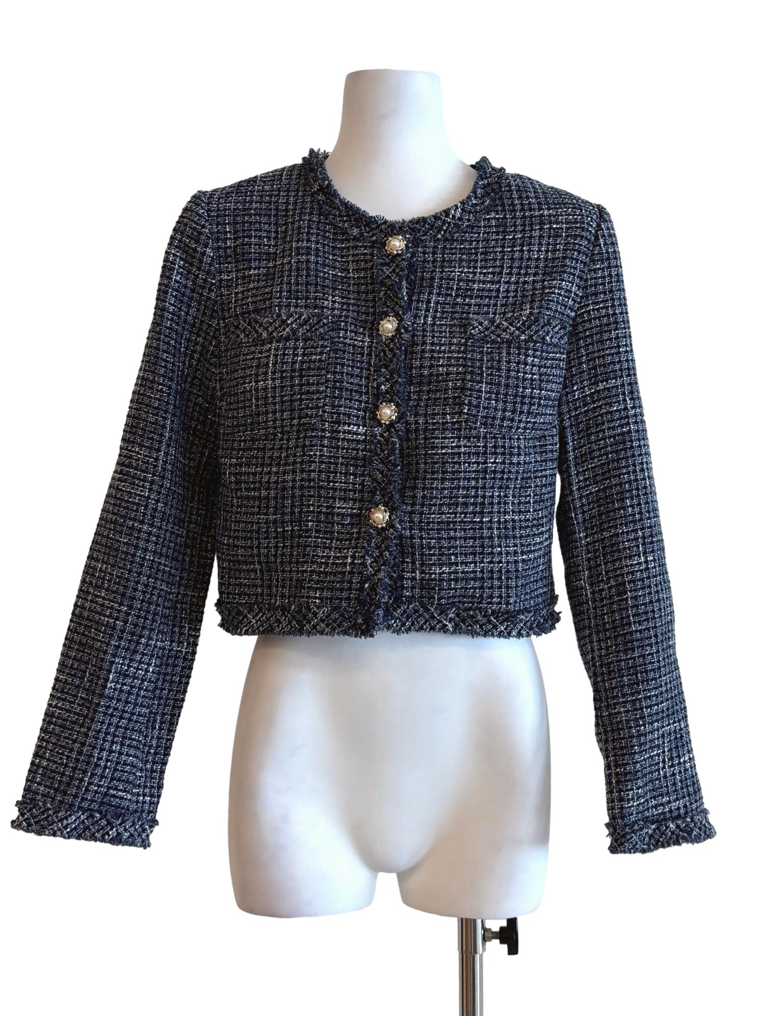 Navy Blue Cropped Tweed Jacket